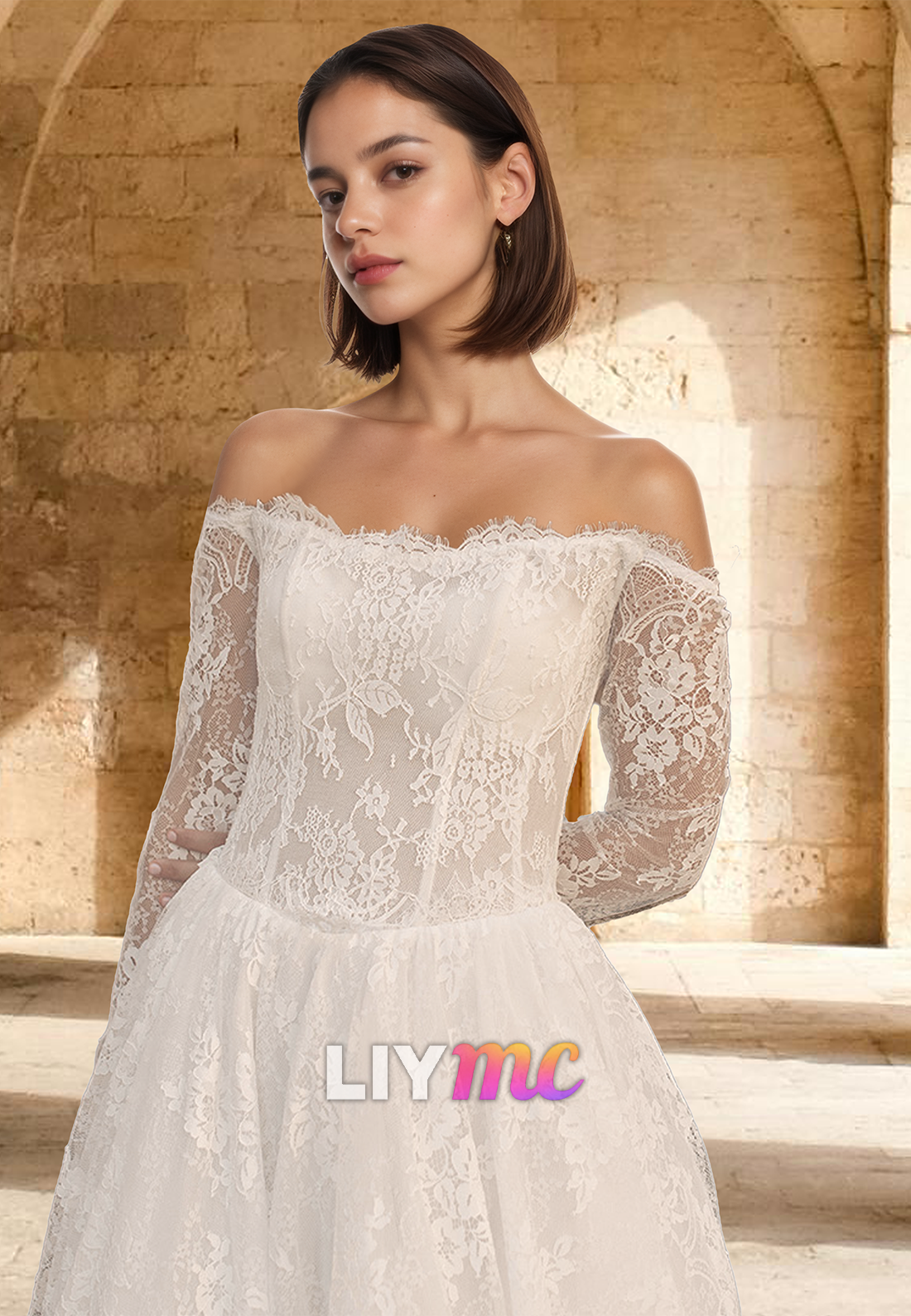 Off-Shoulder Long Sleeves Lace Appliques A-Line Wedding Dress