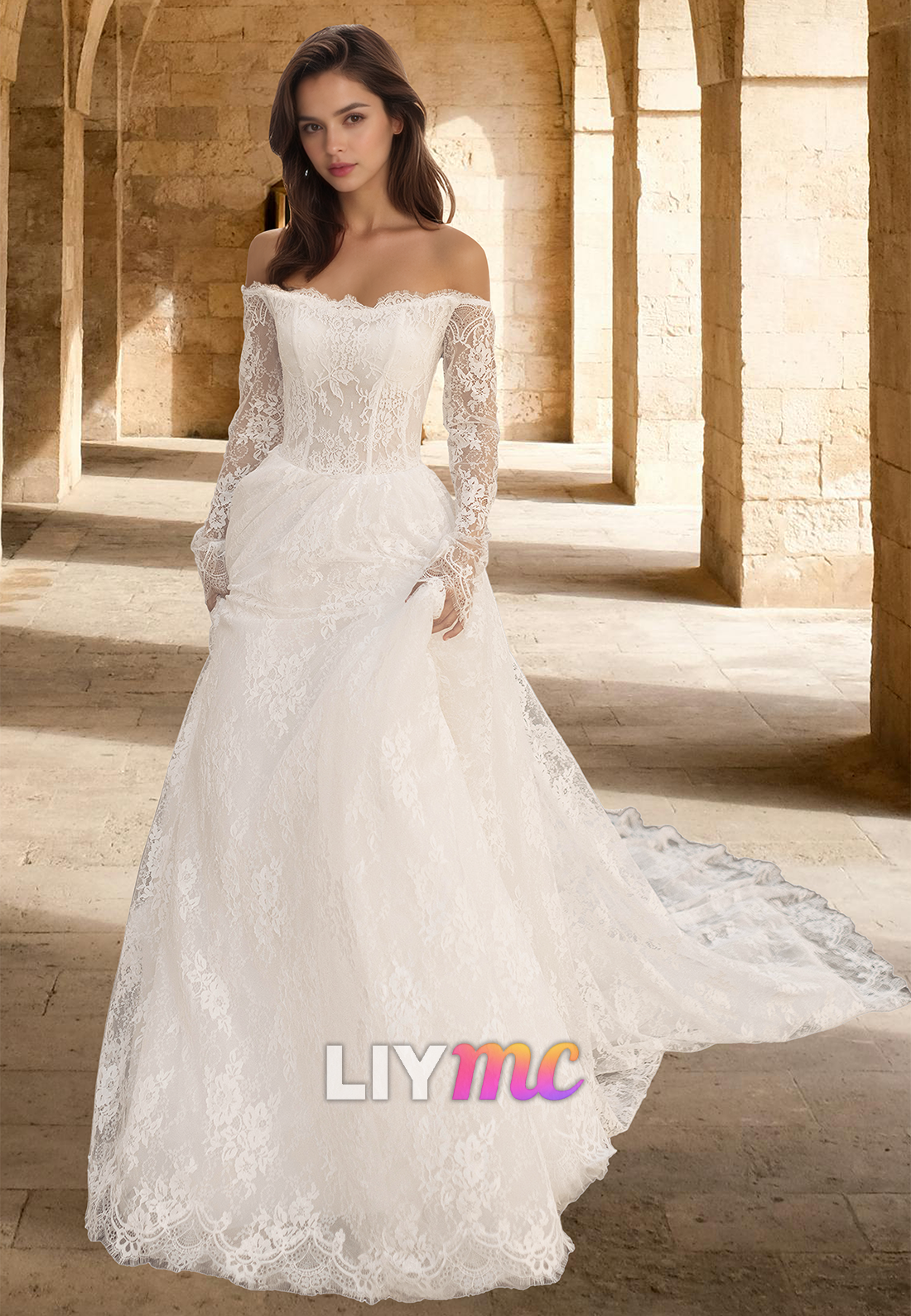 Off-Shoulder Long Sleeves Lace Appliques A-Line Wedding Dress