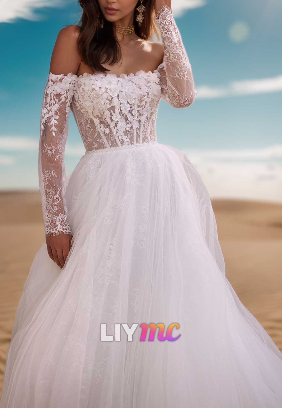 Off-Shoulder Long Sleeves Lace Appliques Ball Gown Wedding Dress