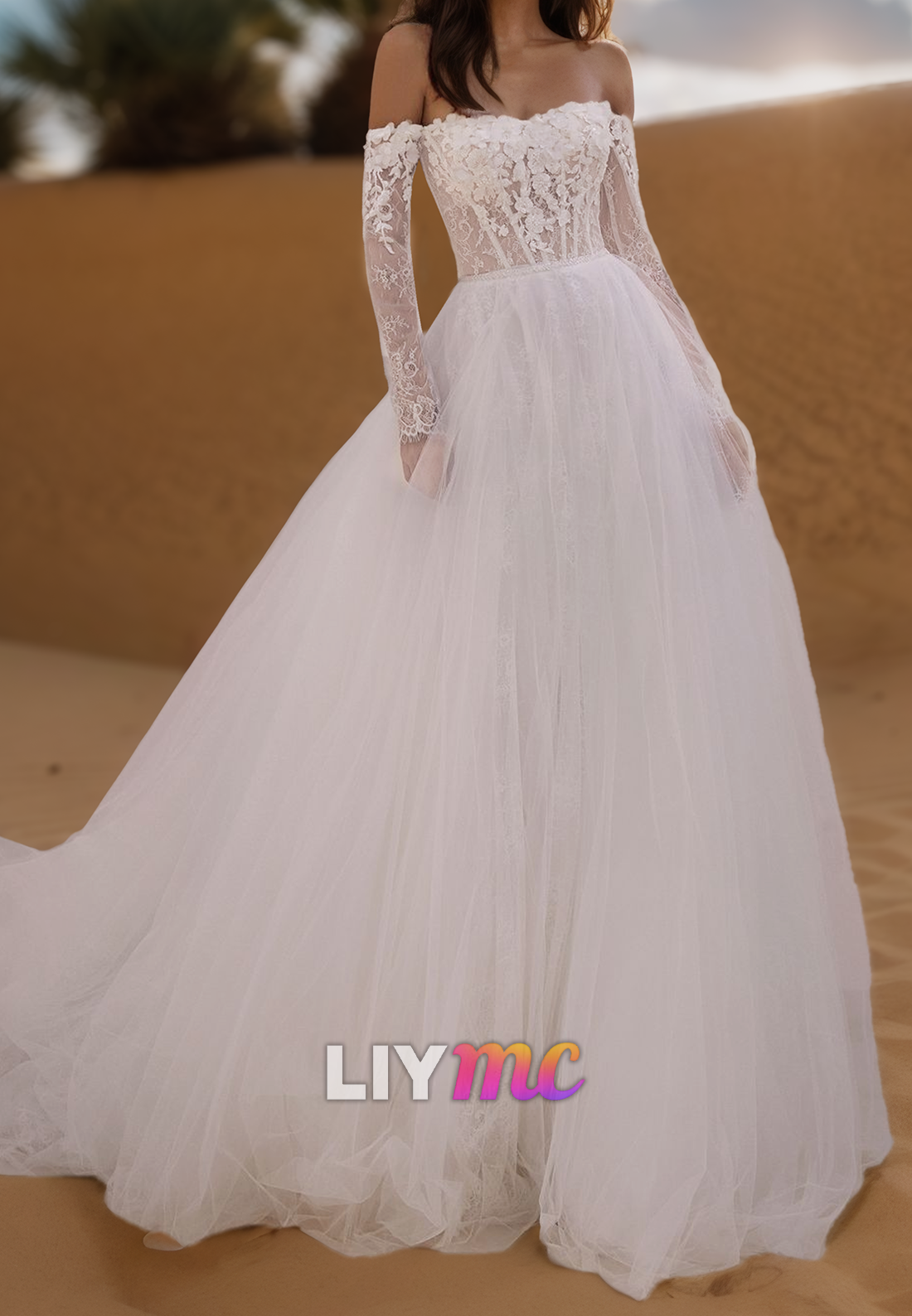 Off-Shoulder Long Sleeves Lace Appliques Ball Gown Wedding Dress