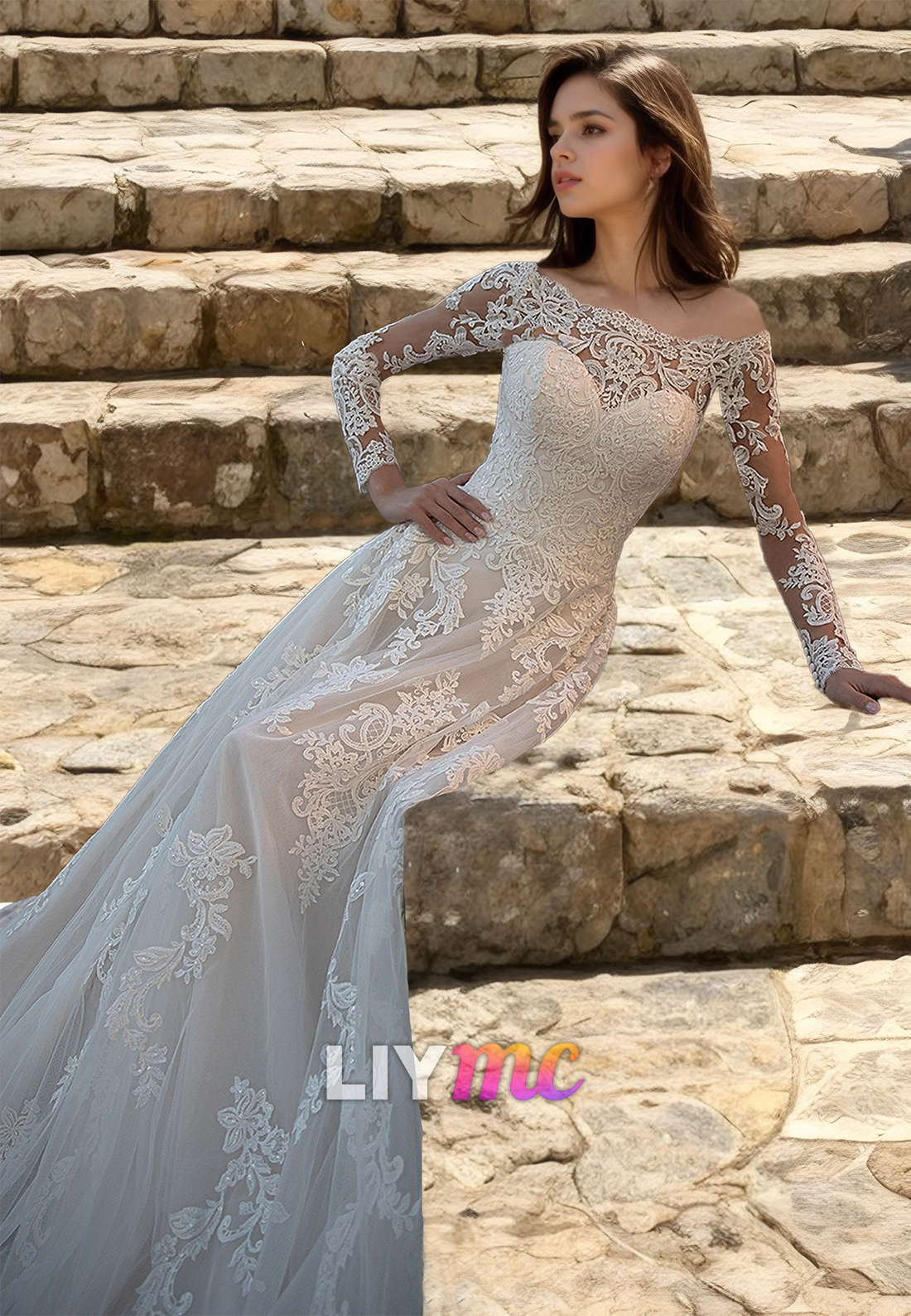 Off-Shoulder Long Sleeves Lace Appliques Ball Gown Wedding Dress