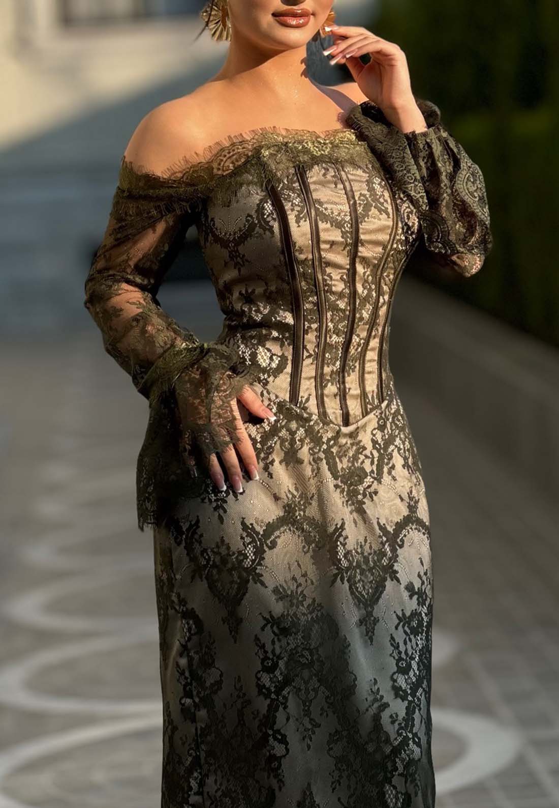 Off-Shoulder Long Sleeves Lace Appliques Mermaid Evening Dress