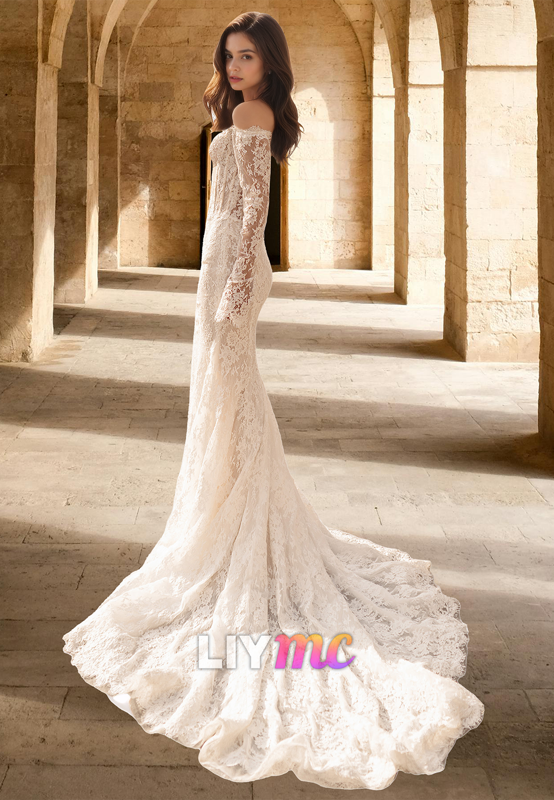 Off-Shoulder Long Sleeves Lace Appliques Mermaid Wedding Dress