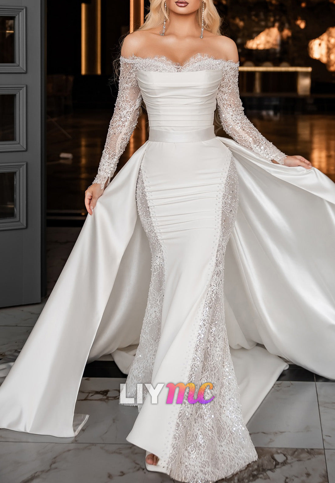 Off-Shoulder Long Sleeves Lace Appliques Mermaid Wedding Dress Liymc Off-Shoulder Long Sleeves Lace Appliques Mermaid Wedding Dress Liymc