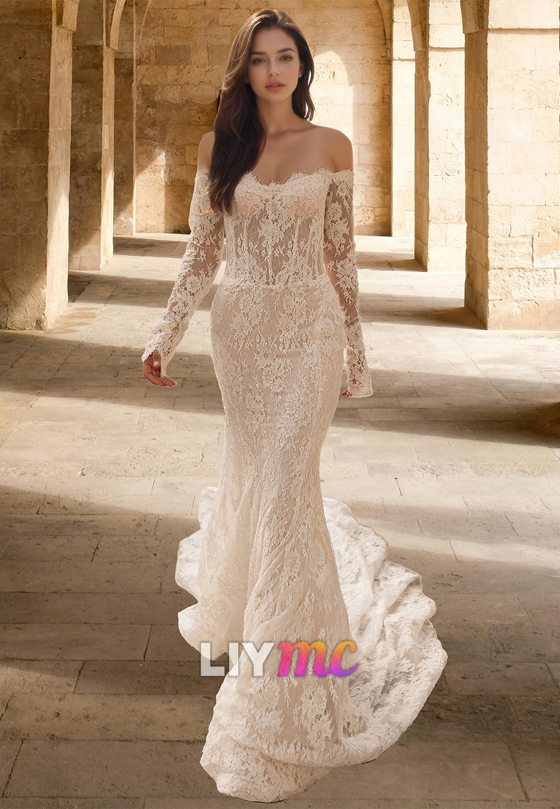 Off-Shoulder Long Sleeves Lace Appliques Mermaid Wedding Dress