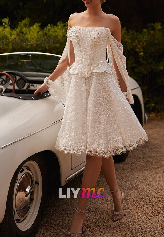 Off-Shoulder Long Sleeves Lace Appliques Pearl Midi Wedding Dress