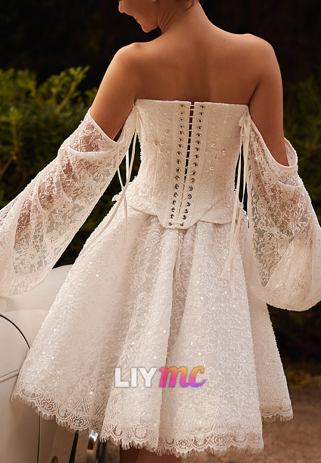 Off-Shoulder Long Sleeves Lace Appliques Pearl Midi Wedding Dress