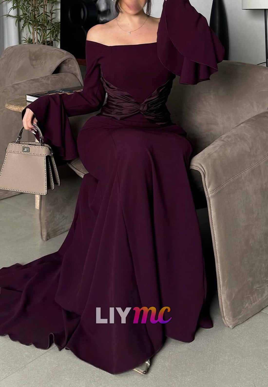 Off-Shoulder Long Sleeves Mermaid Mulberry Evening Dress