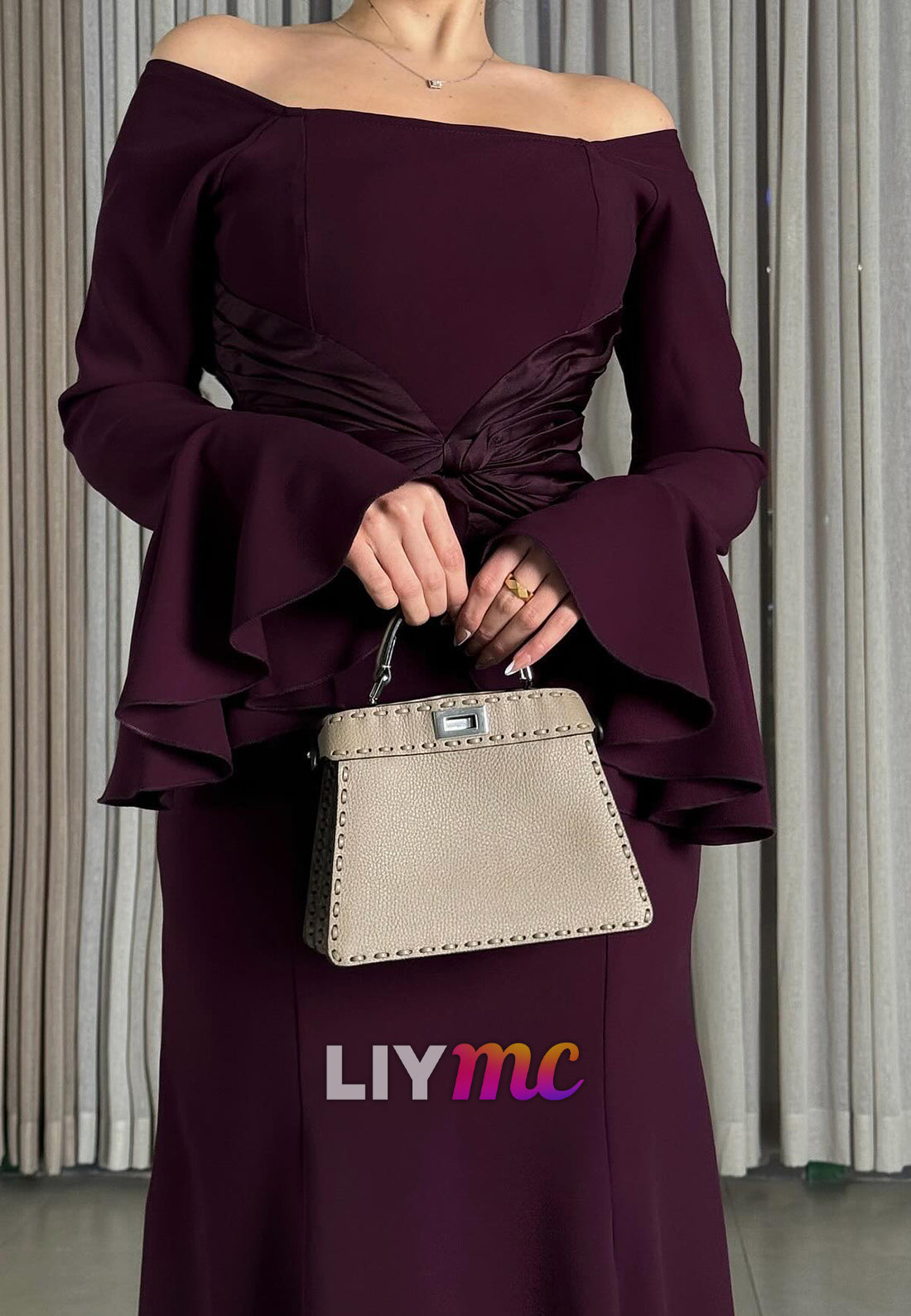 Off-Shoulder Long Sleeves Mermaid Mulberry Evening Dress