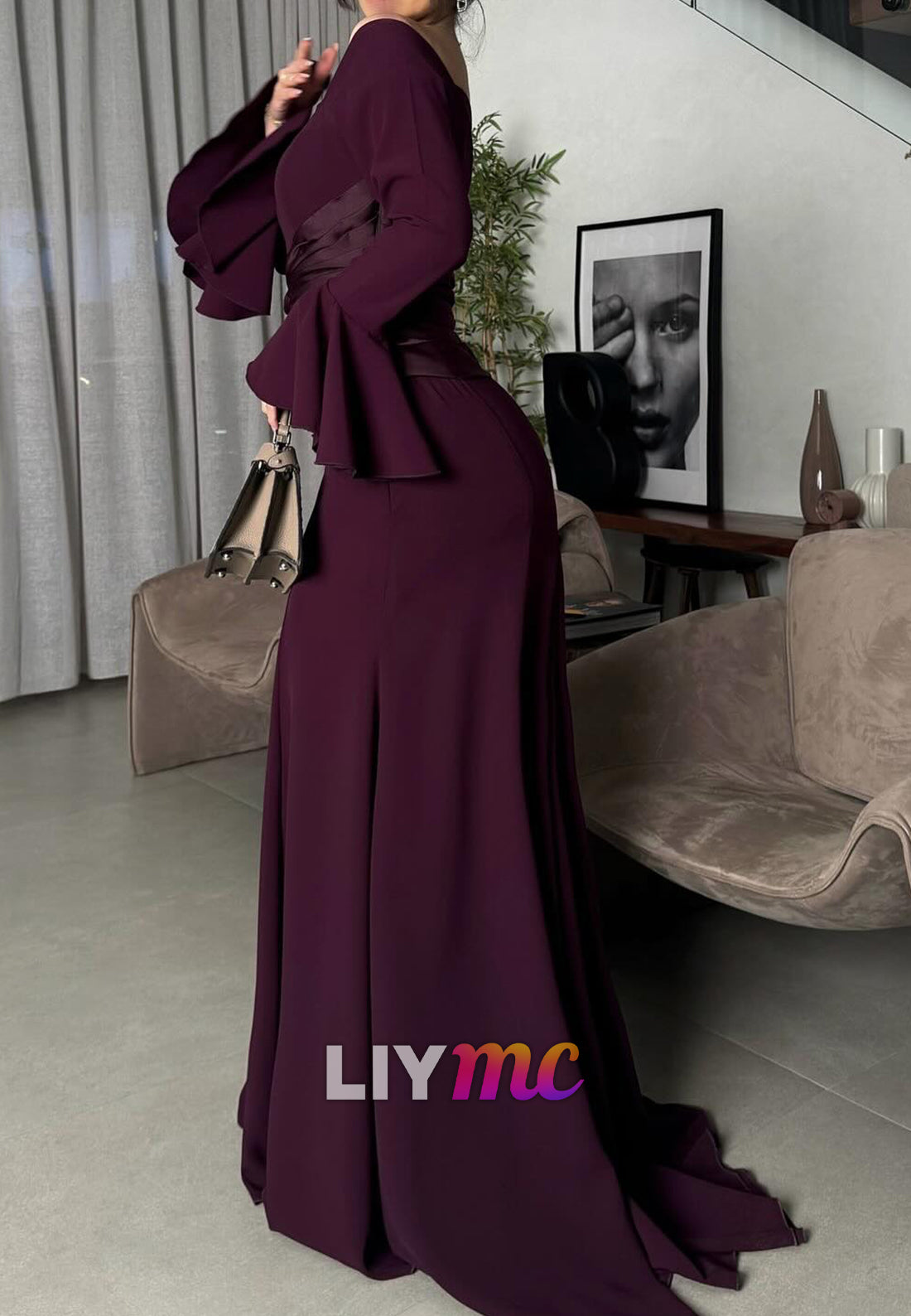 Off-Shoulder Long Sleeves Mermaid Mulberry Evening Dress