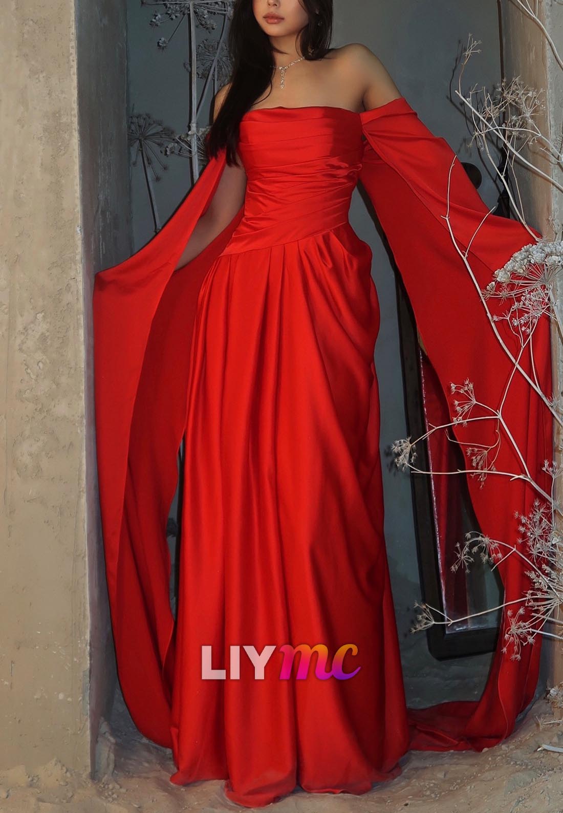 Off-Shoulder Long Sleeves Pleated A-Line Evening Dress
