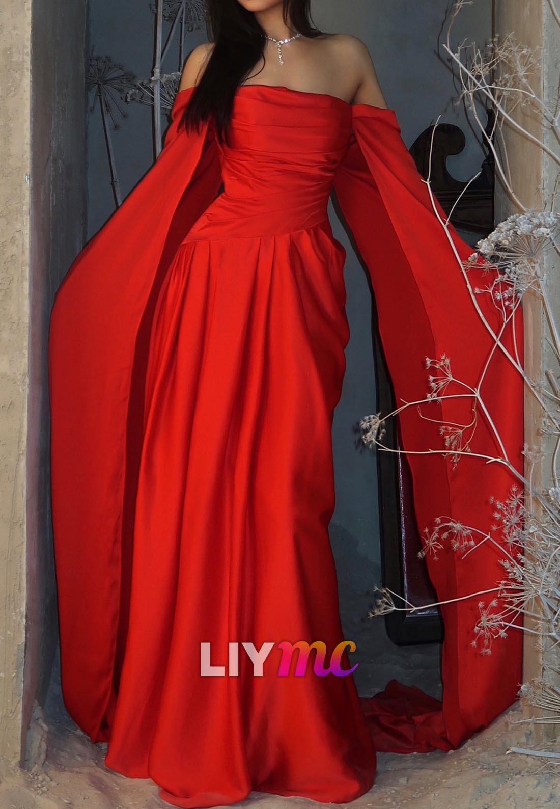 Off-Shoulder Long Sleeves Pleated A-Line Evening Dress