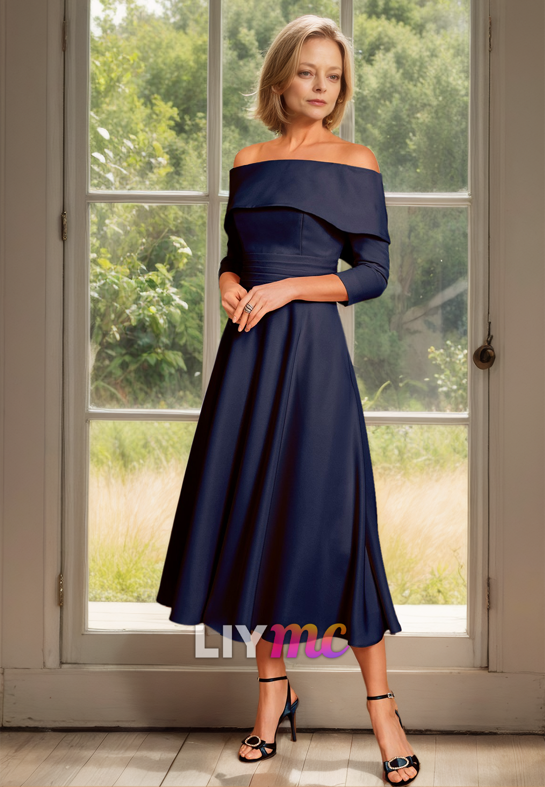 Off-Shoulder Long Sleeves Pleated A-Line Mother of Bride Dress