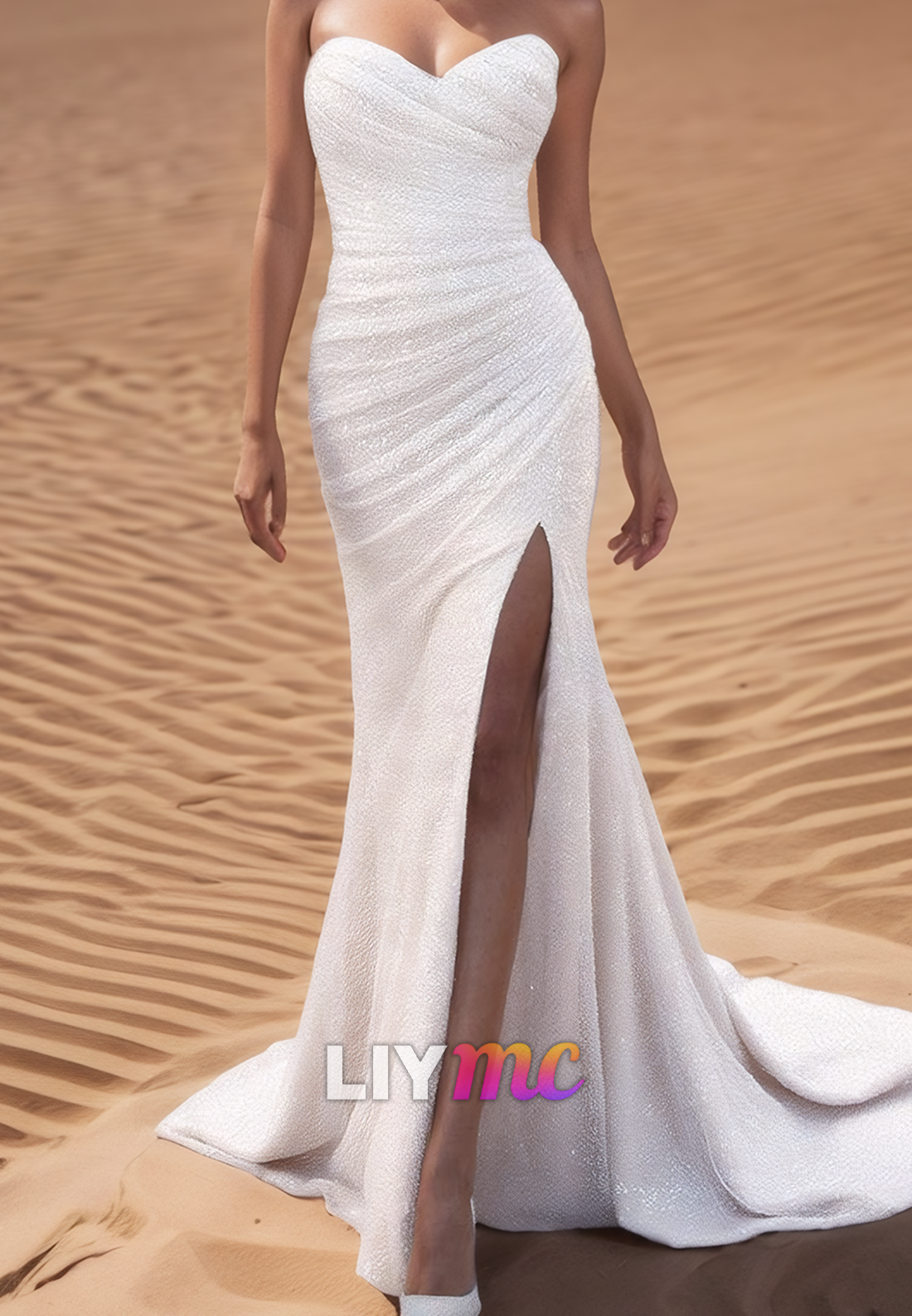 Off-Shoulder Long Sleeves Pleated Side Slit Beach Wedding Dress