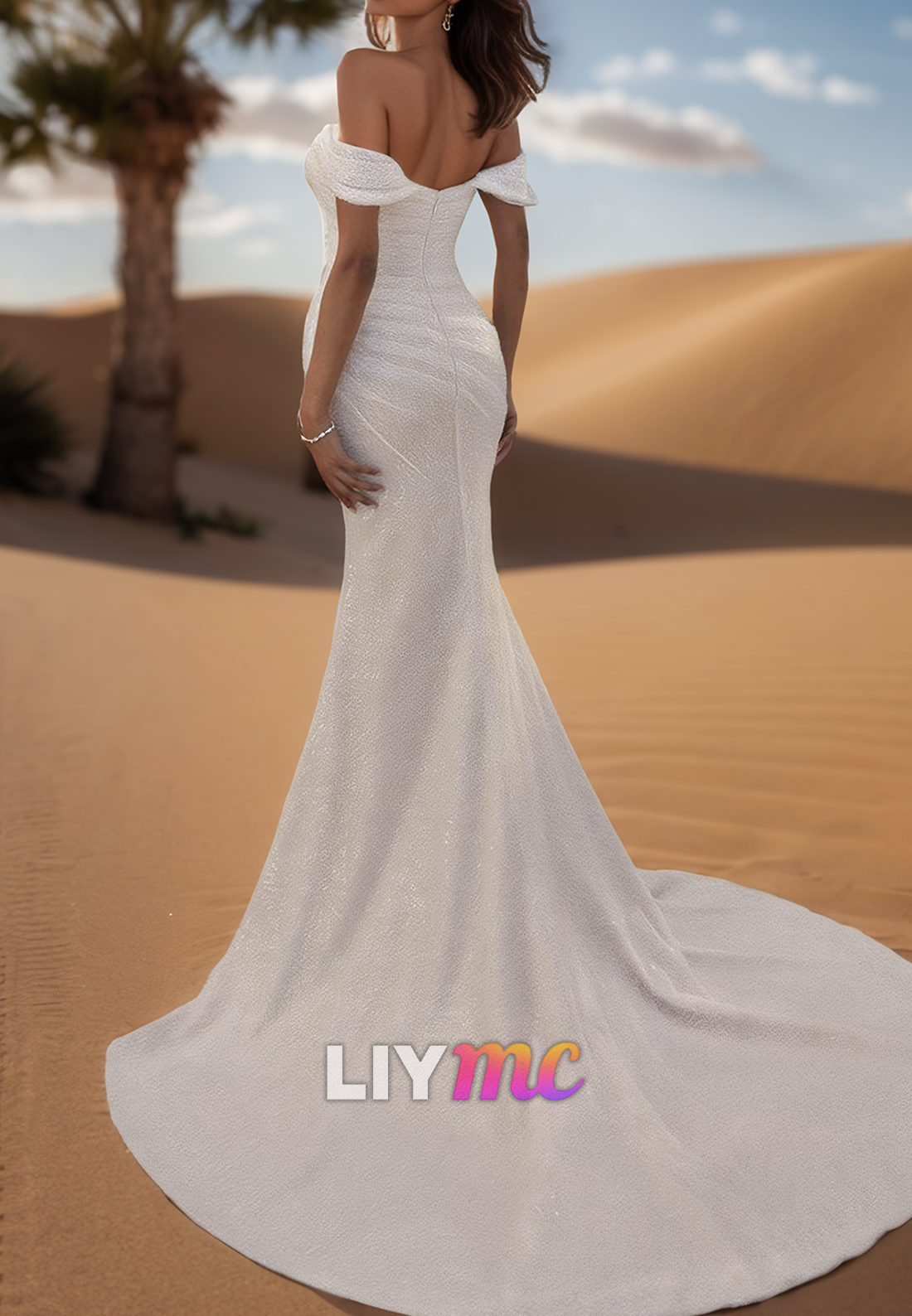 Off-Shoulder Long Sleeves Pleated Side Slit Beach Wedding Dress