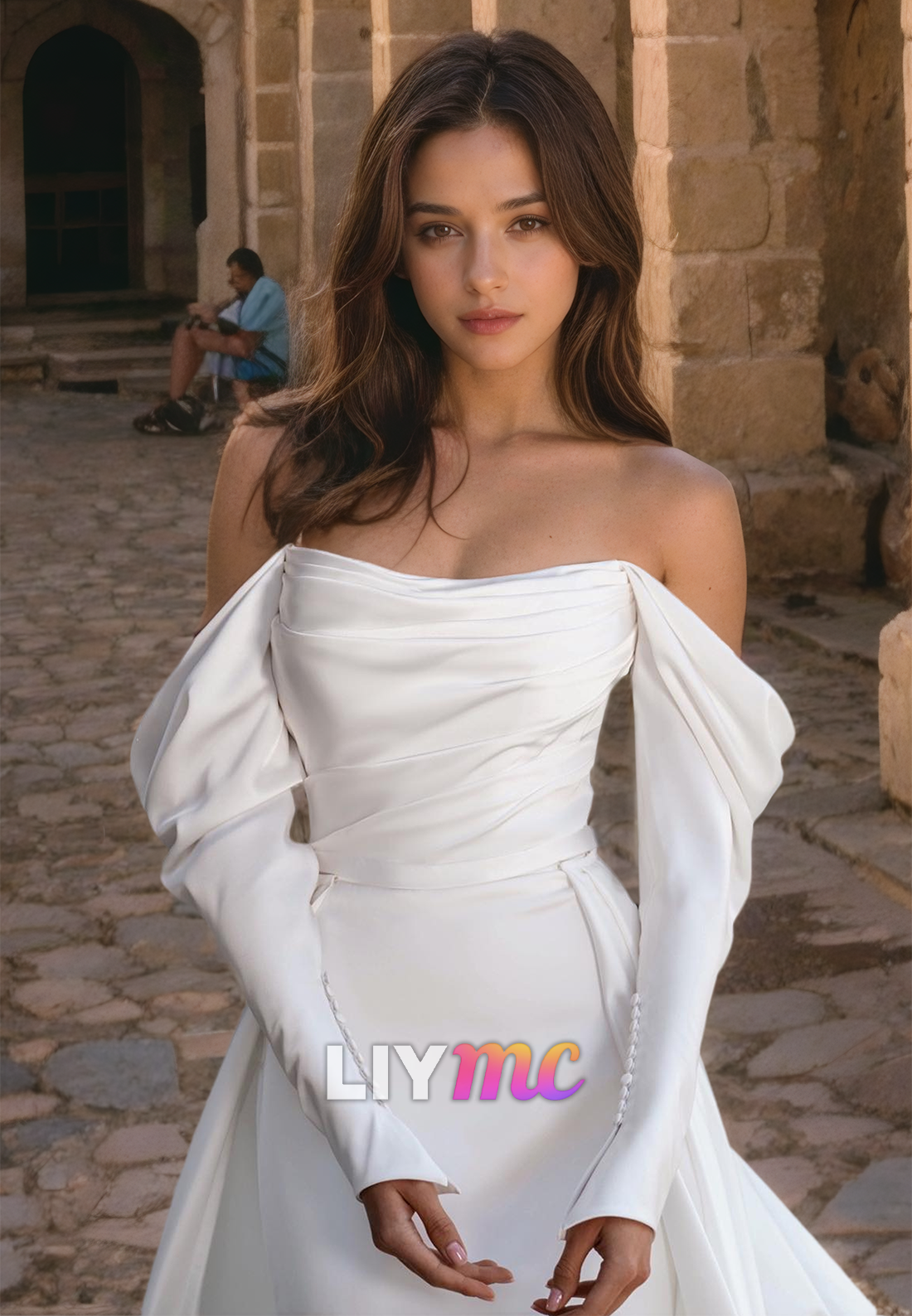 Off-Shoulder Long Sleeves Pleated Sleek Mermaid Sweep Train Wedding Dress