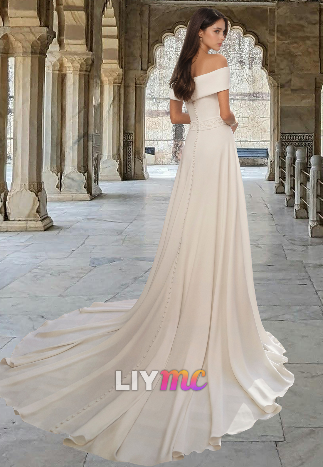 Off-Shoulder Long Sleeves Pleated Sweep Train A-Line Classic Wedding Dress