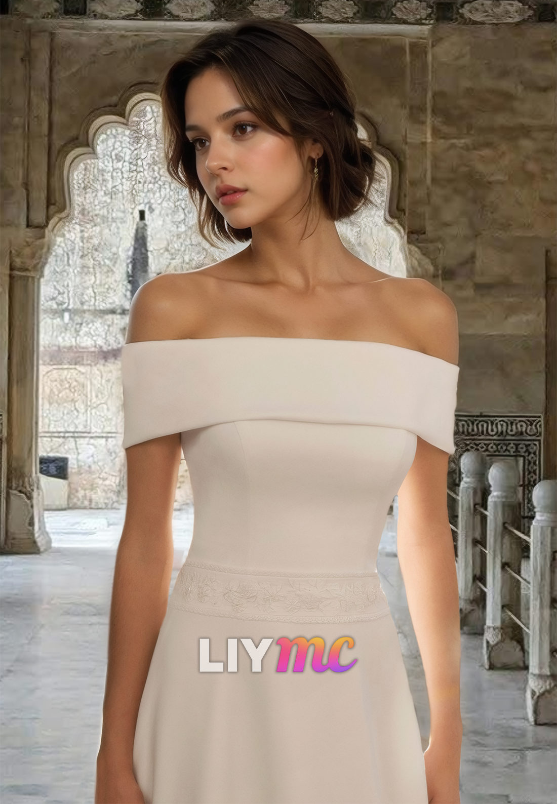 Off-Shoulder Long Sleeves Pleated Sweep Train A-Line Classic Wedding Dress