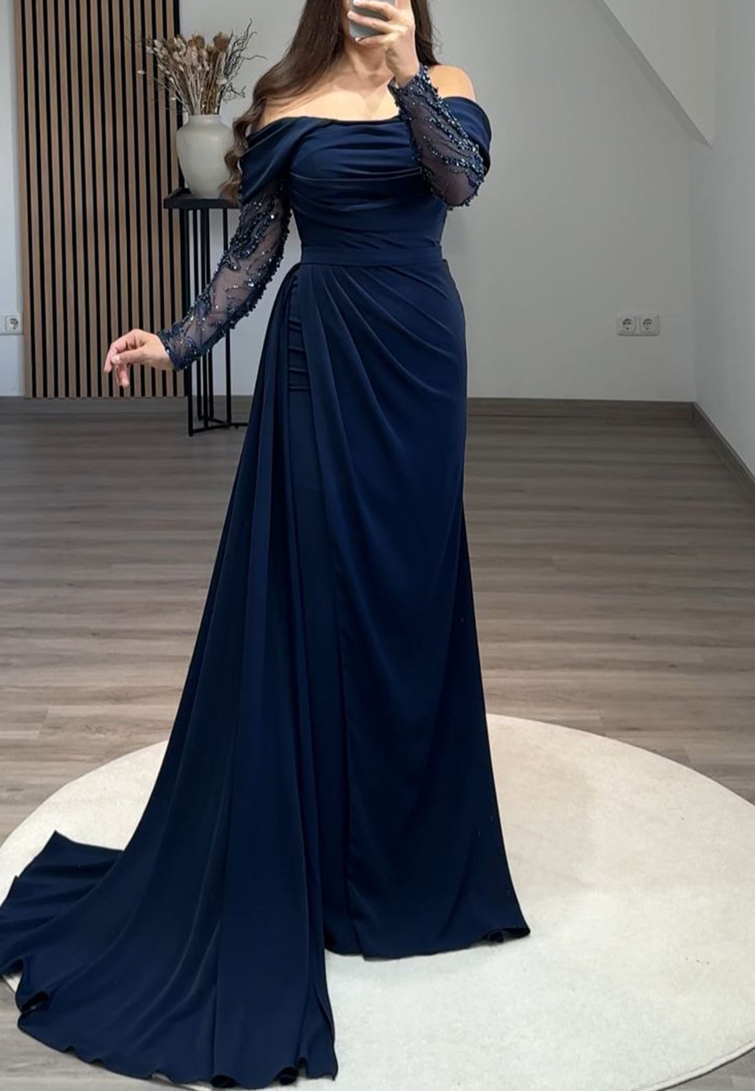 Off-Shoulder Long Sleeves Ruched Sheath Formal Dress