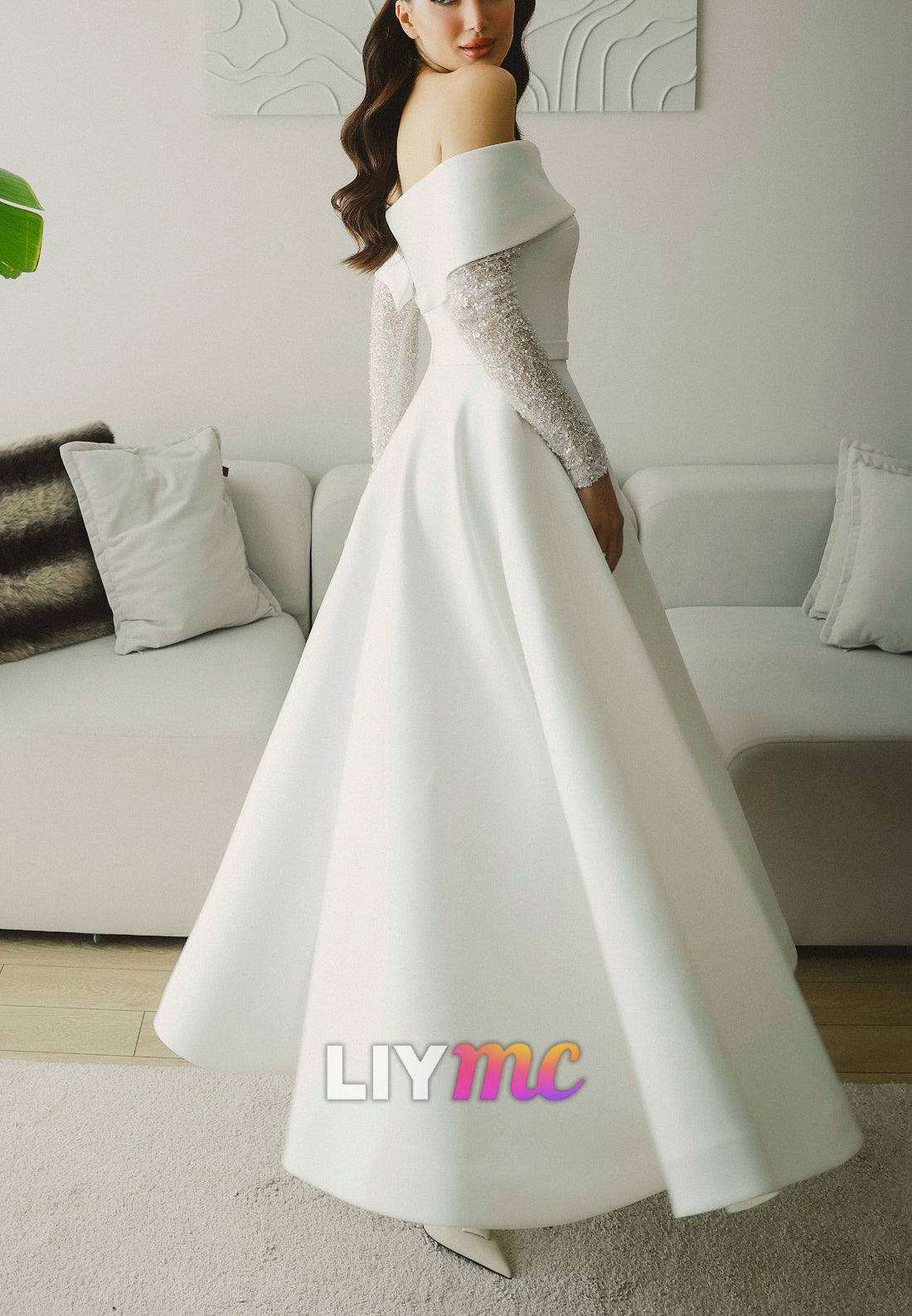Off-Shoulder Long Sleeves Satin A-Line Long Wedding Dress