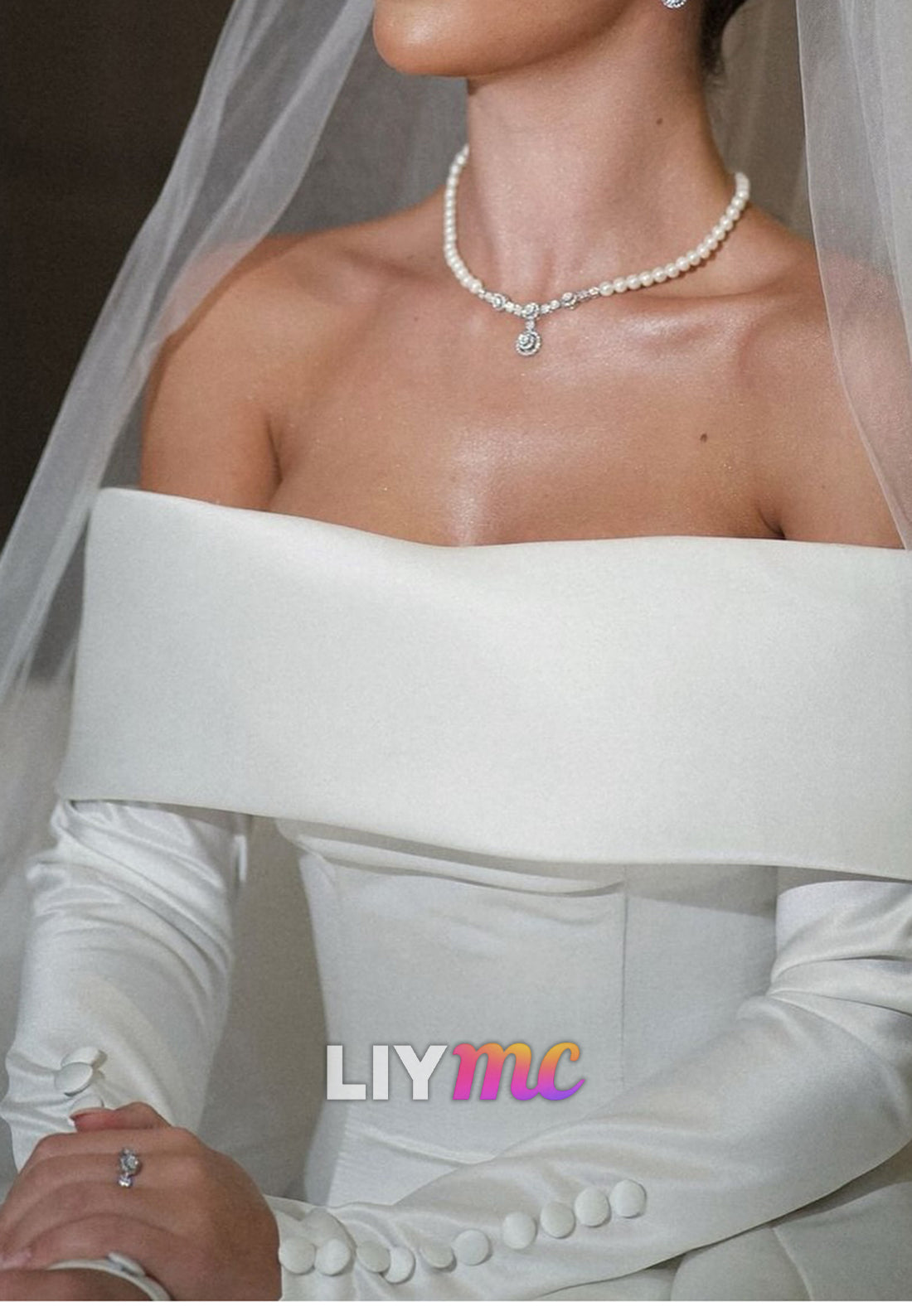 Off-Shoulder Long Sleeves Satin Appliques A-Line Wedding Dress