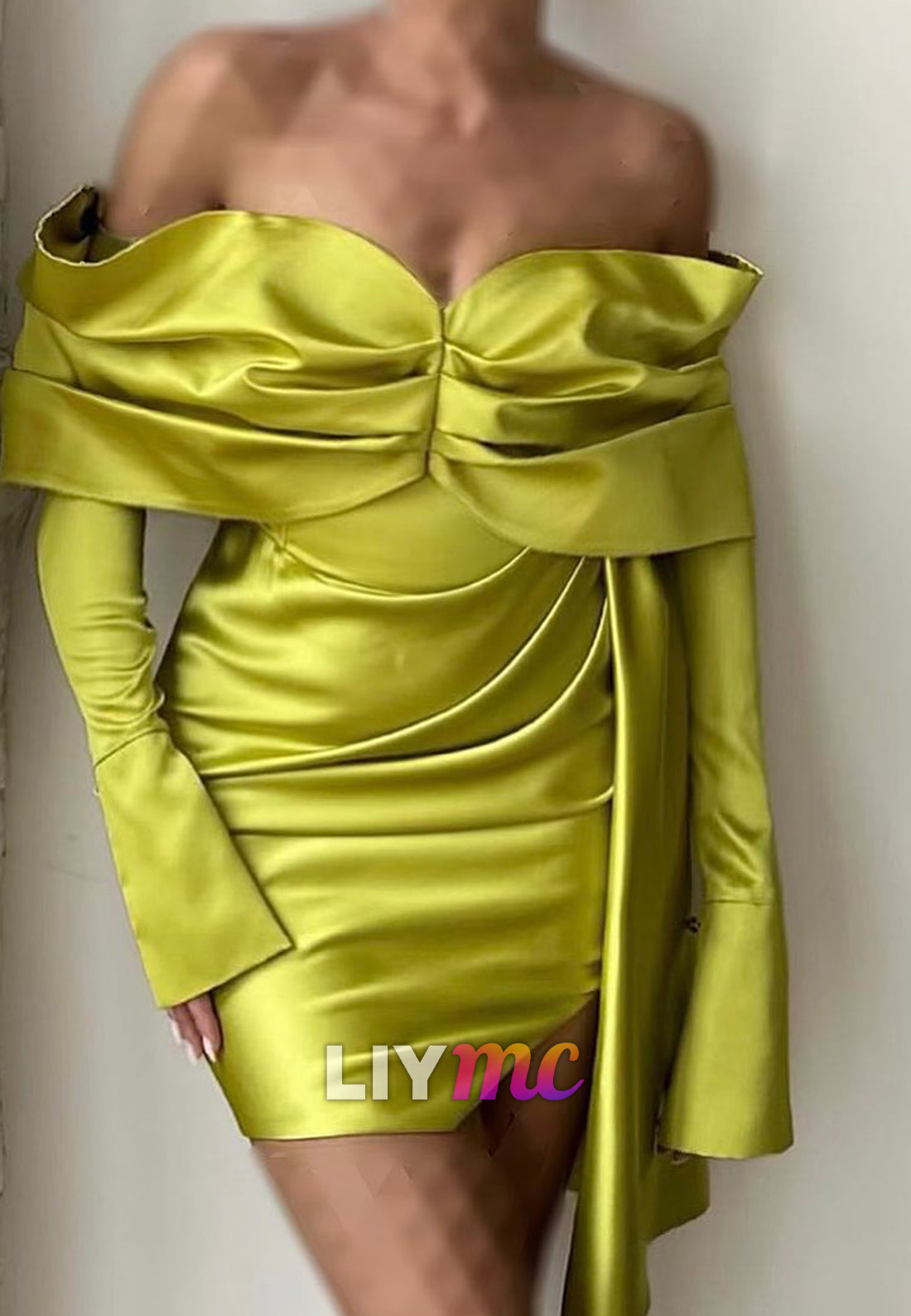 Off-Shoulder Long Sleeves Satin Sheath Party Homecoming Dress
