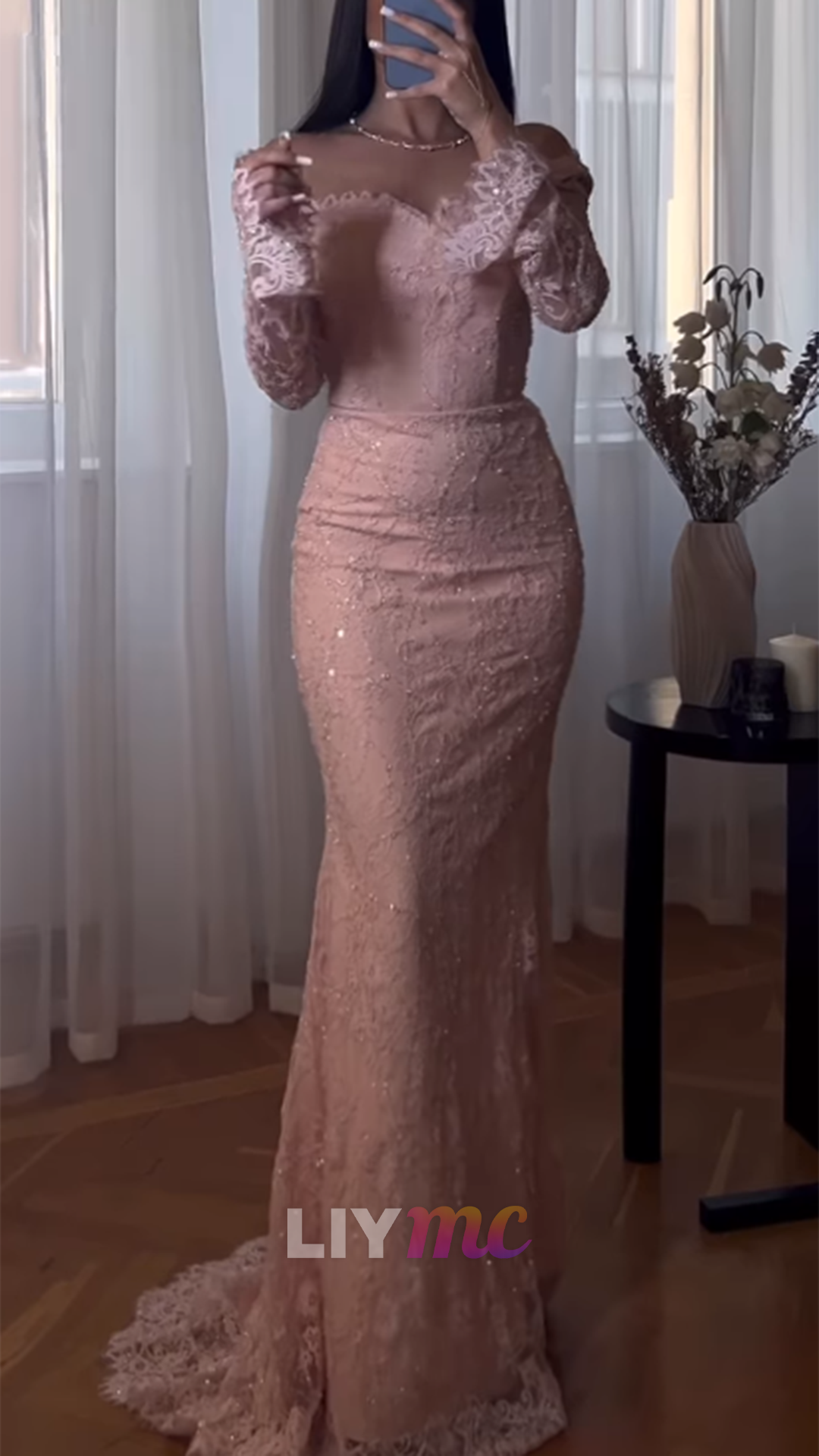 Off-Shoulder Long Sleeves Sequins Appliques Mermaid Prom Dress