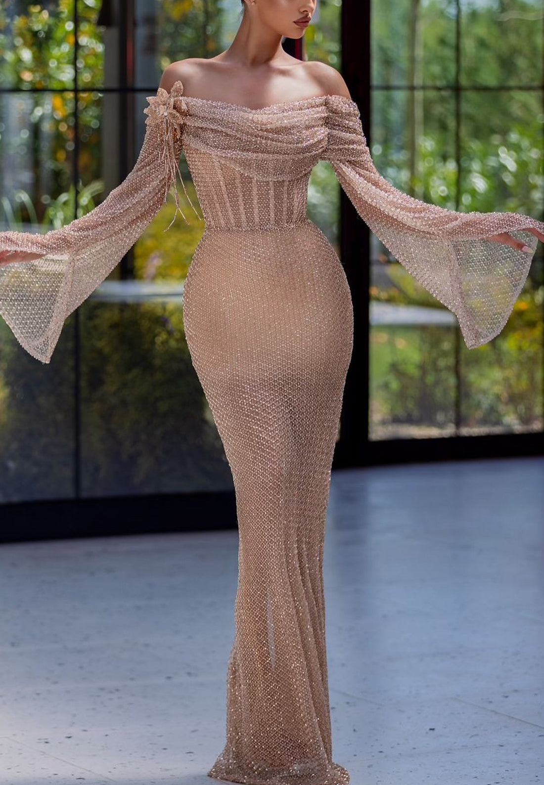 Off-Shoulder Long Sleeves Sheer Mermaid Evening Dress