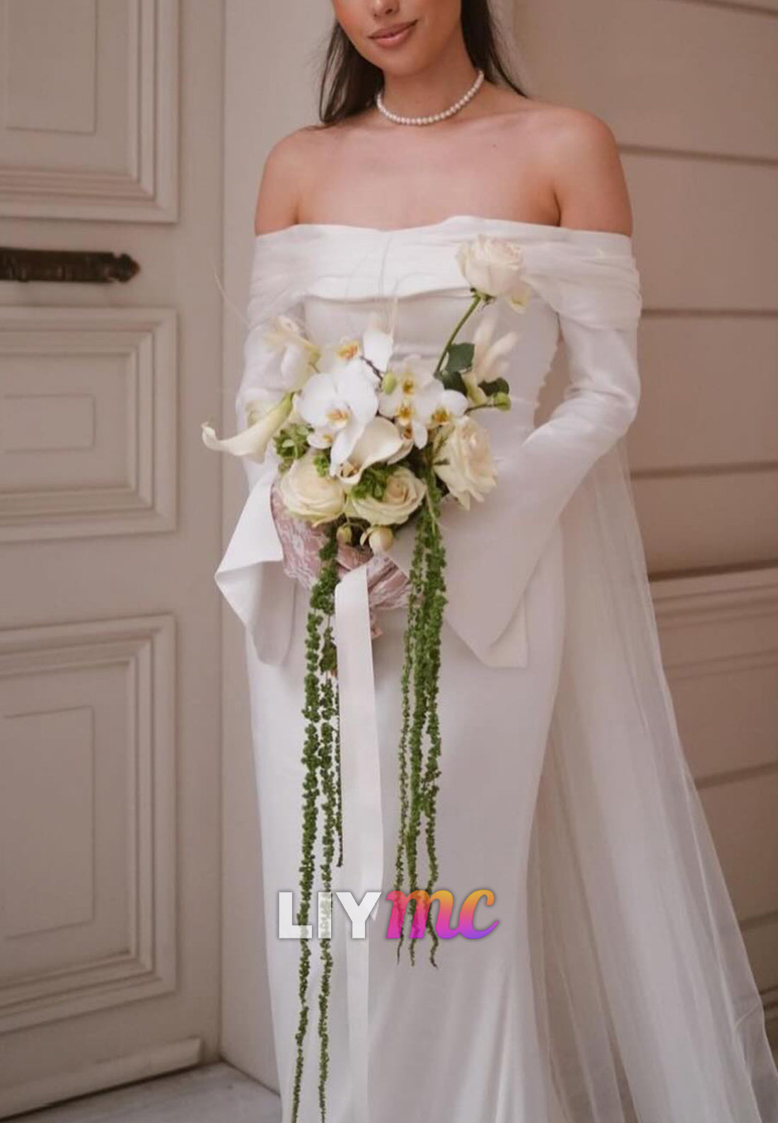 Off-Shoulder Long Sleeves Sleek Mermaid Wedding Dress