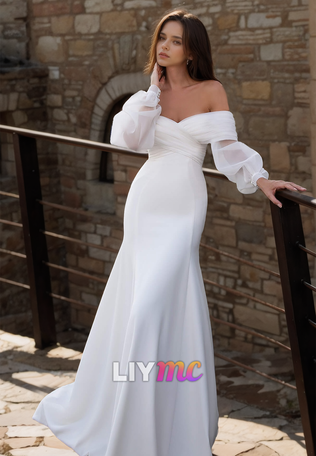 Off-Shoulder Long Sleeves Sleek Satin Mermaid Beach Wedding Dress