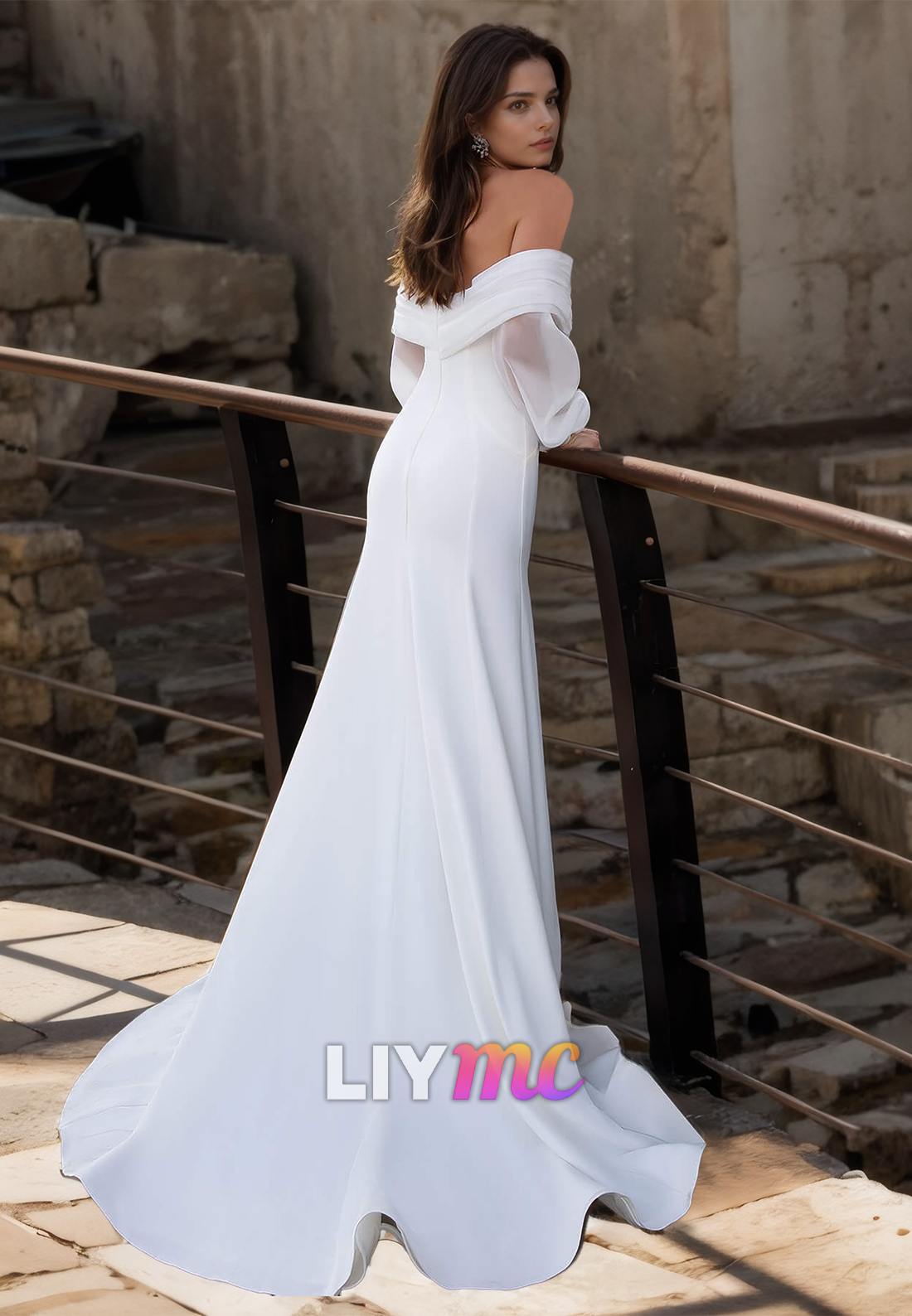 Off-Shoulder Long Sleeves Sleek Satin Mermaid Beach Wedding Dress
