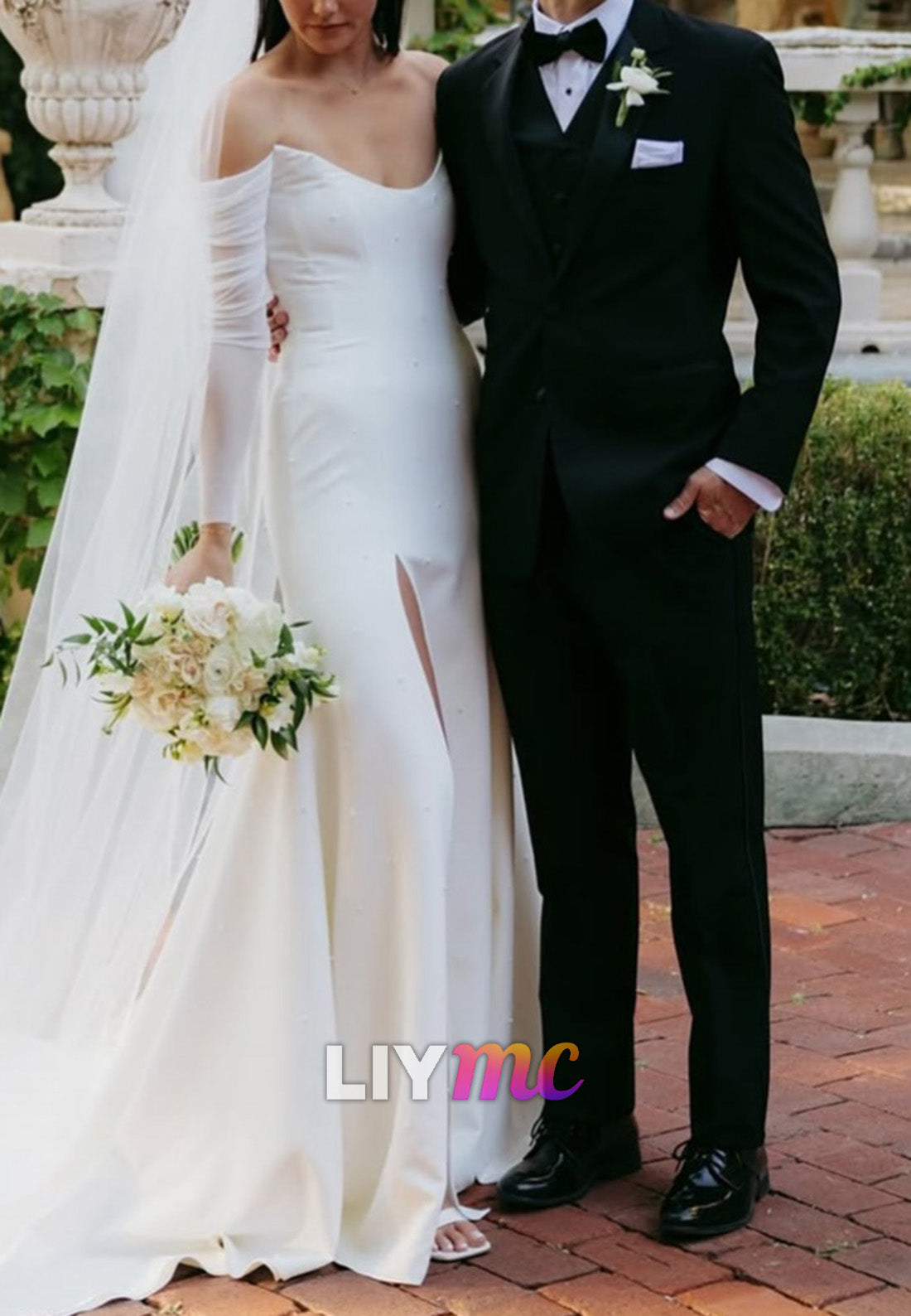 Off-Shoulder Long Sleeves Sleek Sheath Simple Wedding Dress