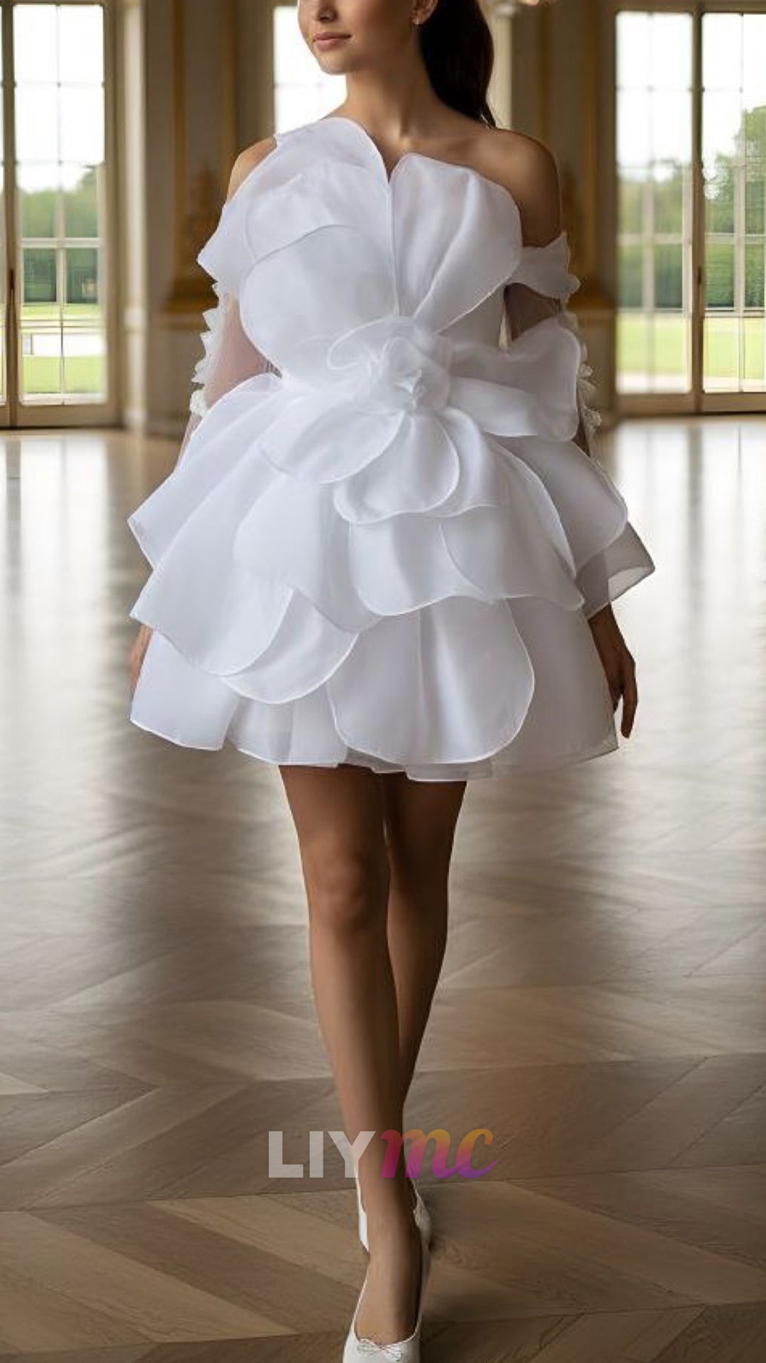Off-Shoulder Long Sleeves Tiered A-Line Short Wedding Dress