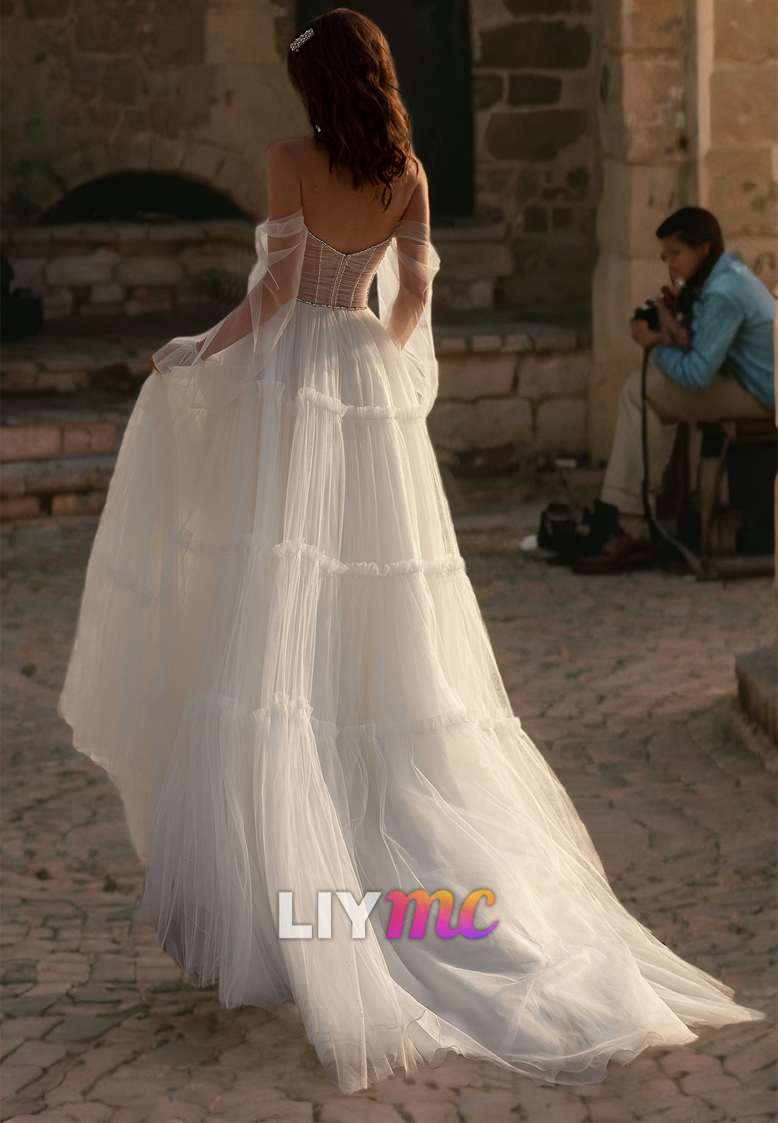 Off-Shoulder Long Sleeves Tulle A-Line Beach Wedding Dress