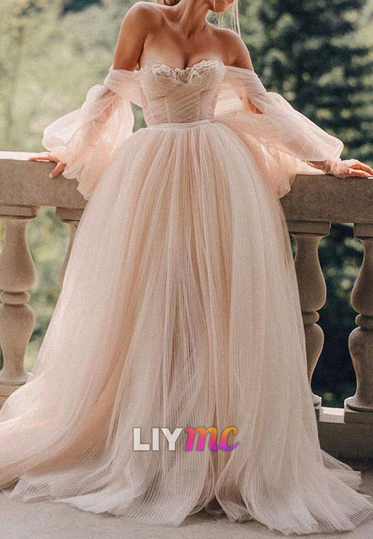 Off-Shoulder Long Sleeves Tulle Pleated A-Line Wedding Dress
