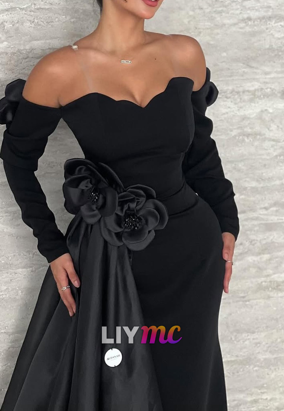 Off-Shoulder Long Sleeves Velvet Floral Mermaid Evening Dress