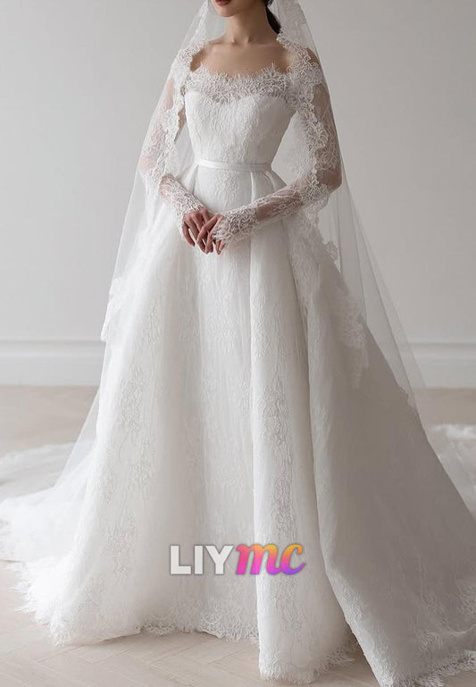 Off-Shoulder Long Sleevess Lace Appliques A-Line Wedding Dress