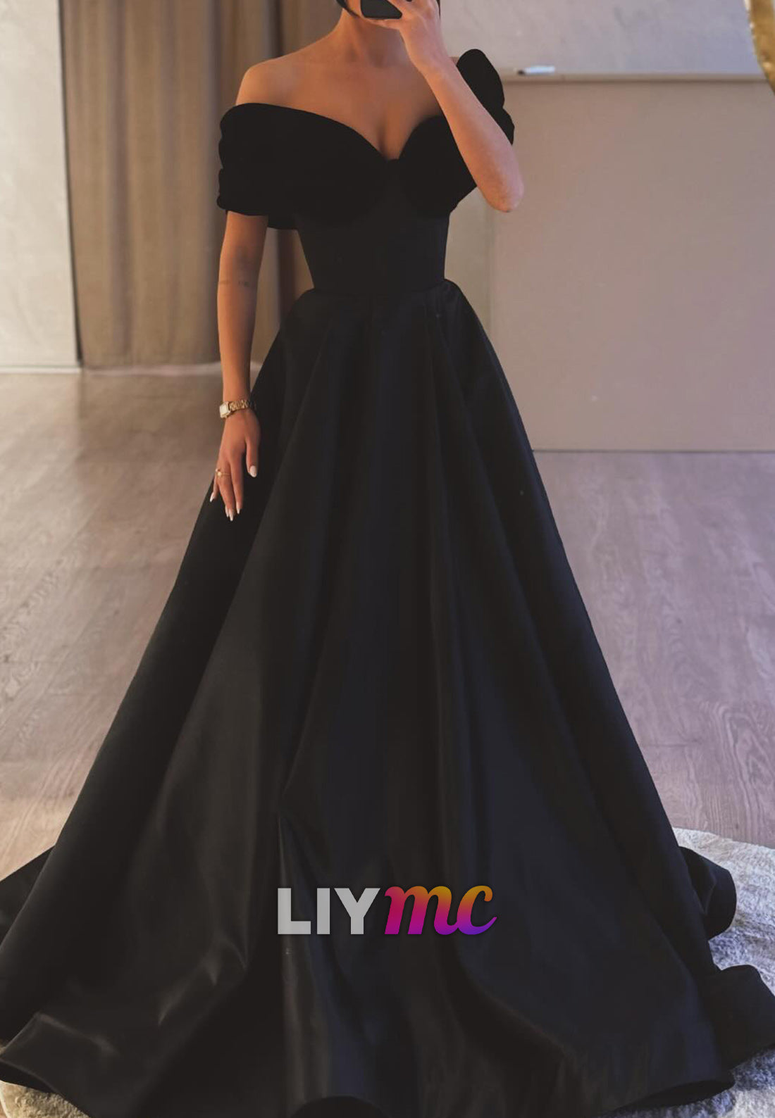 Off-Shoulder PPleated Satin Formal A-Line Prom Dress