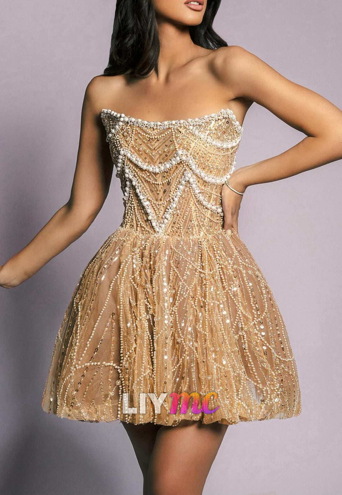 Off-Shoulder Pearl Beaded Embroidery Sparkly A-Line Party Homecoming Dress