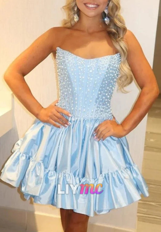 Off-Shoulder Pearl Pleated Sleeveless A-Line Party Homecoming Dress