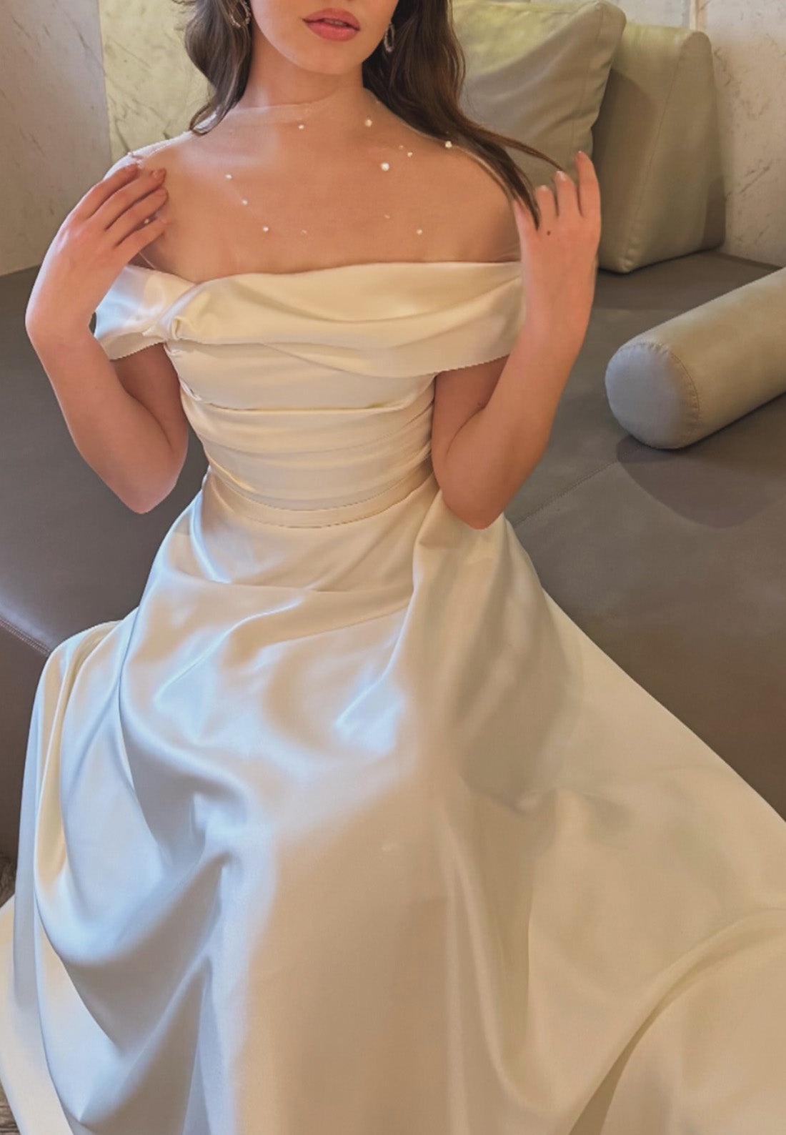 Off-Shoulder Pearl Sleek Pleated Midi A-Line Wedding Dress