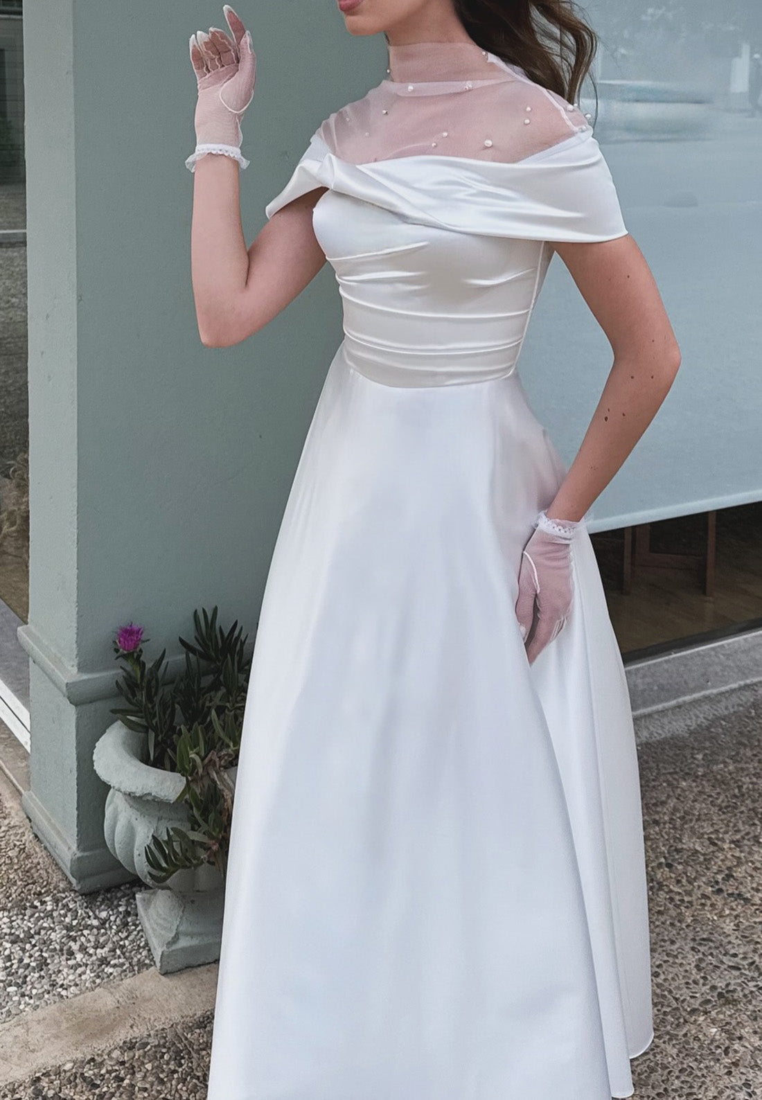 Off-Shoulder Pearl Sleek Pleated Midi A-Line Wedding Dress