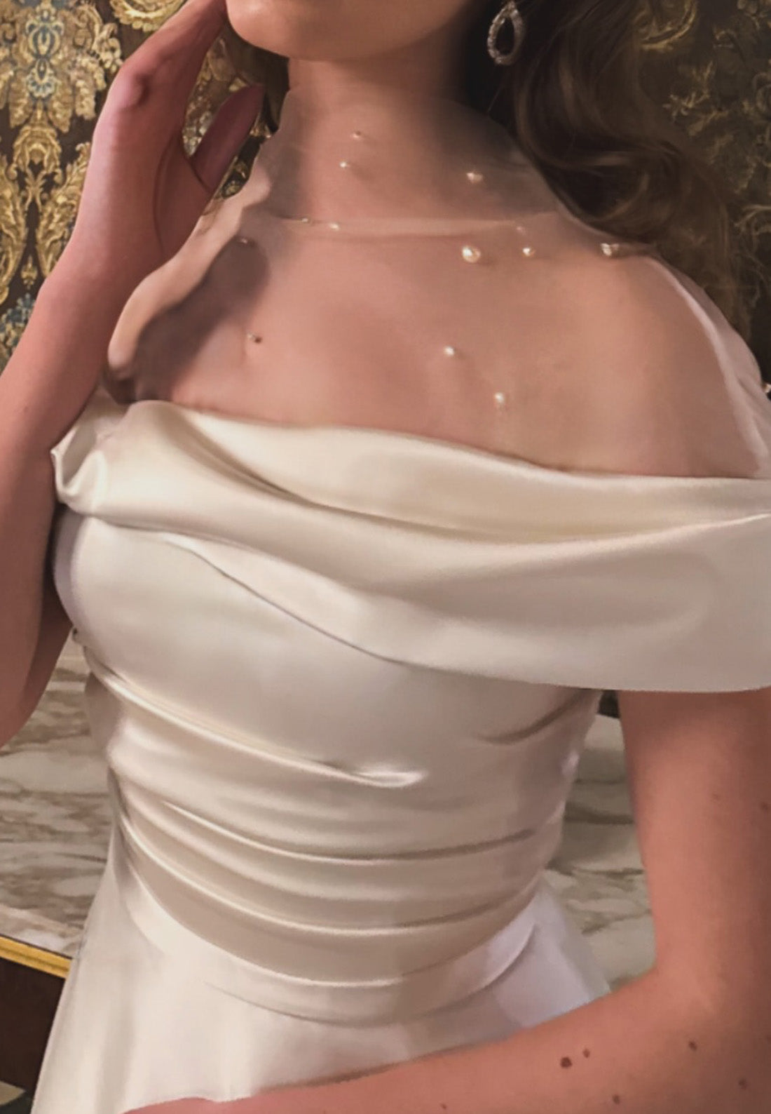 Off-Shoulder Pearl Sleek Pleated Midi A-Line Wedding Dress