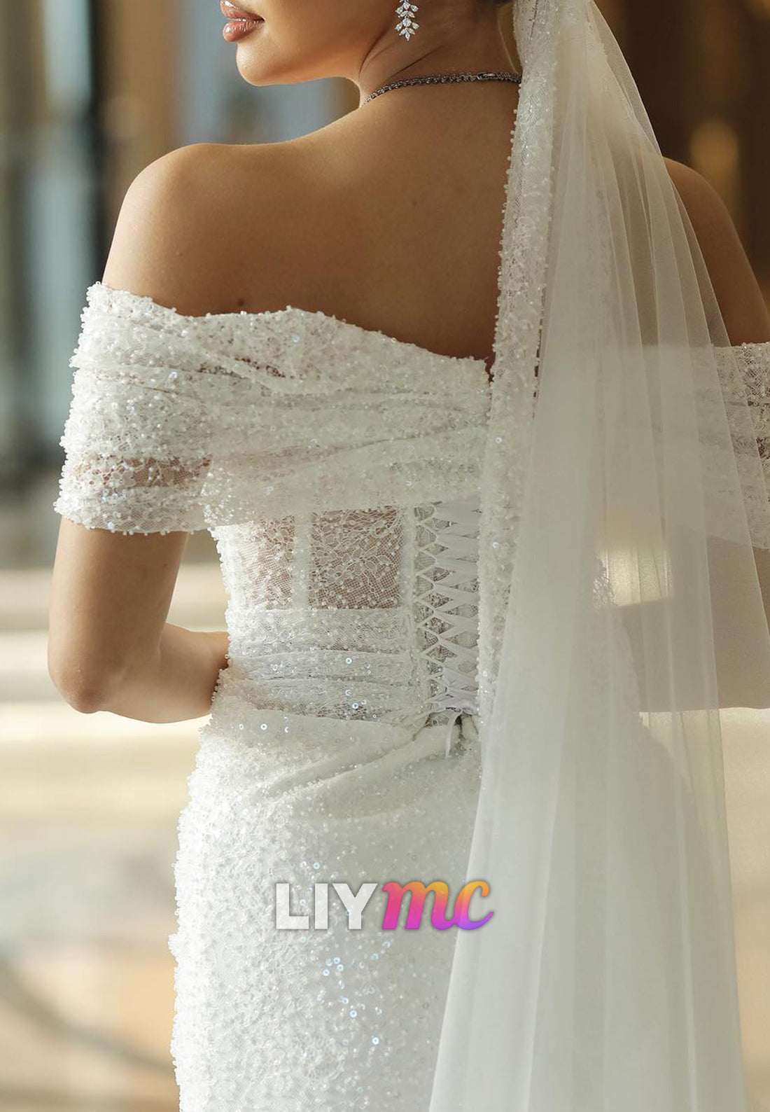 Off-Shoulder Pleated Beaded Embroidery Sheath Wedding Dress