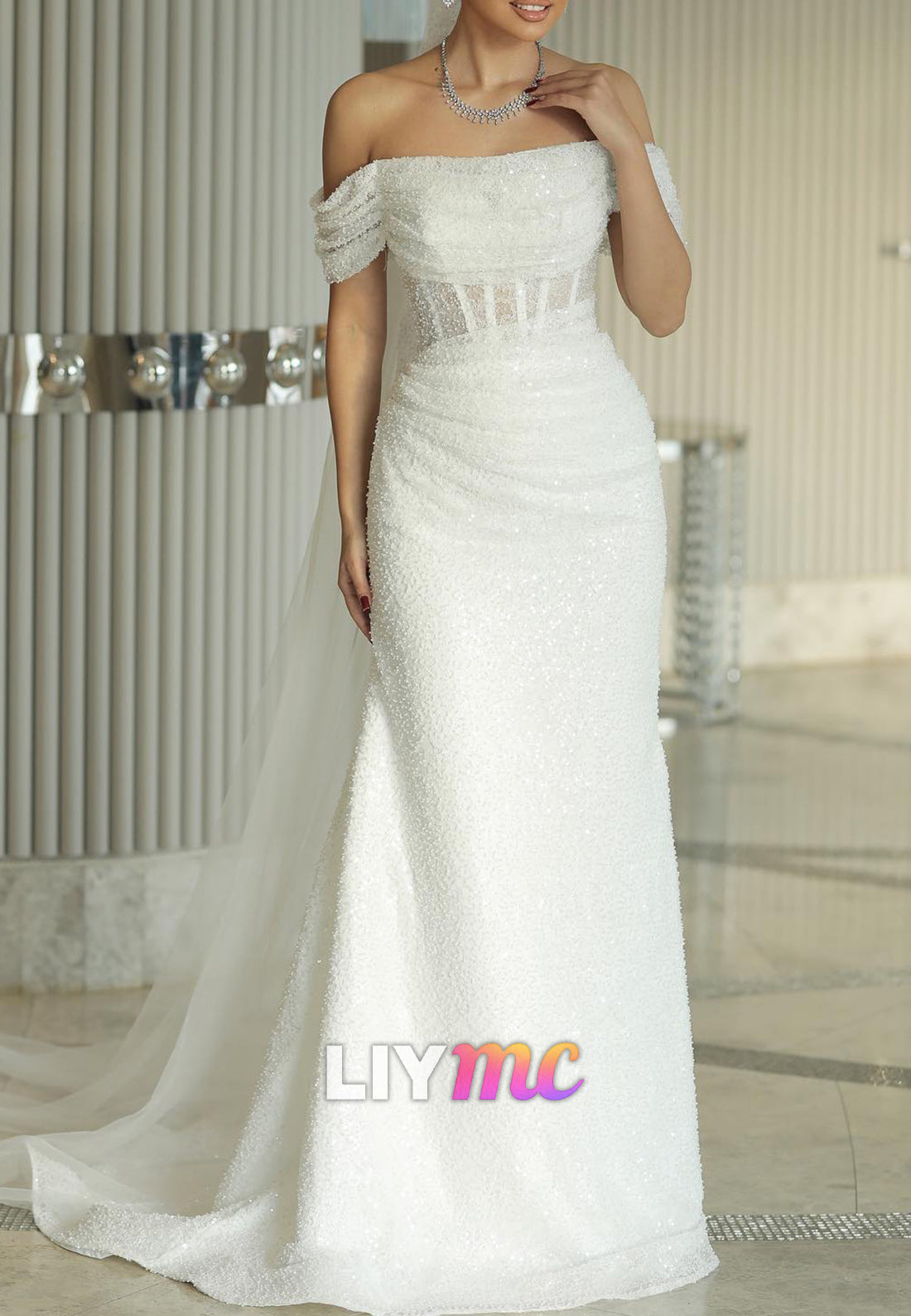 Off-Shoulder Pleated Beaded Embroidery Sheath Wedding Dress