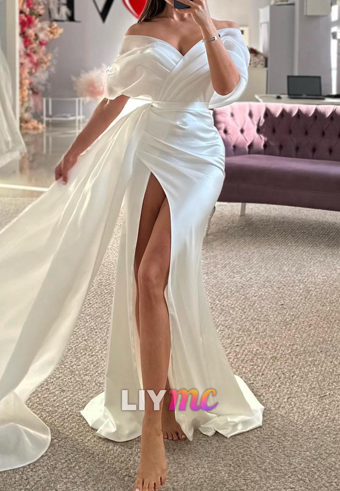 Off-Shoulder Pleated Side Slit Sheath Wedding Dress
