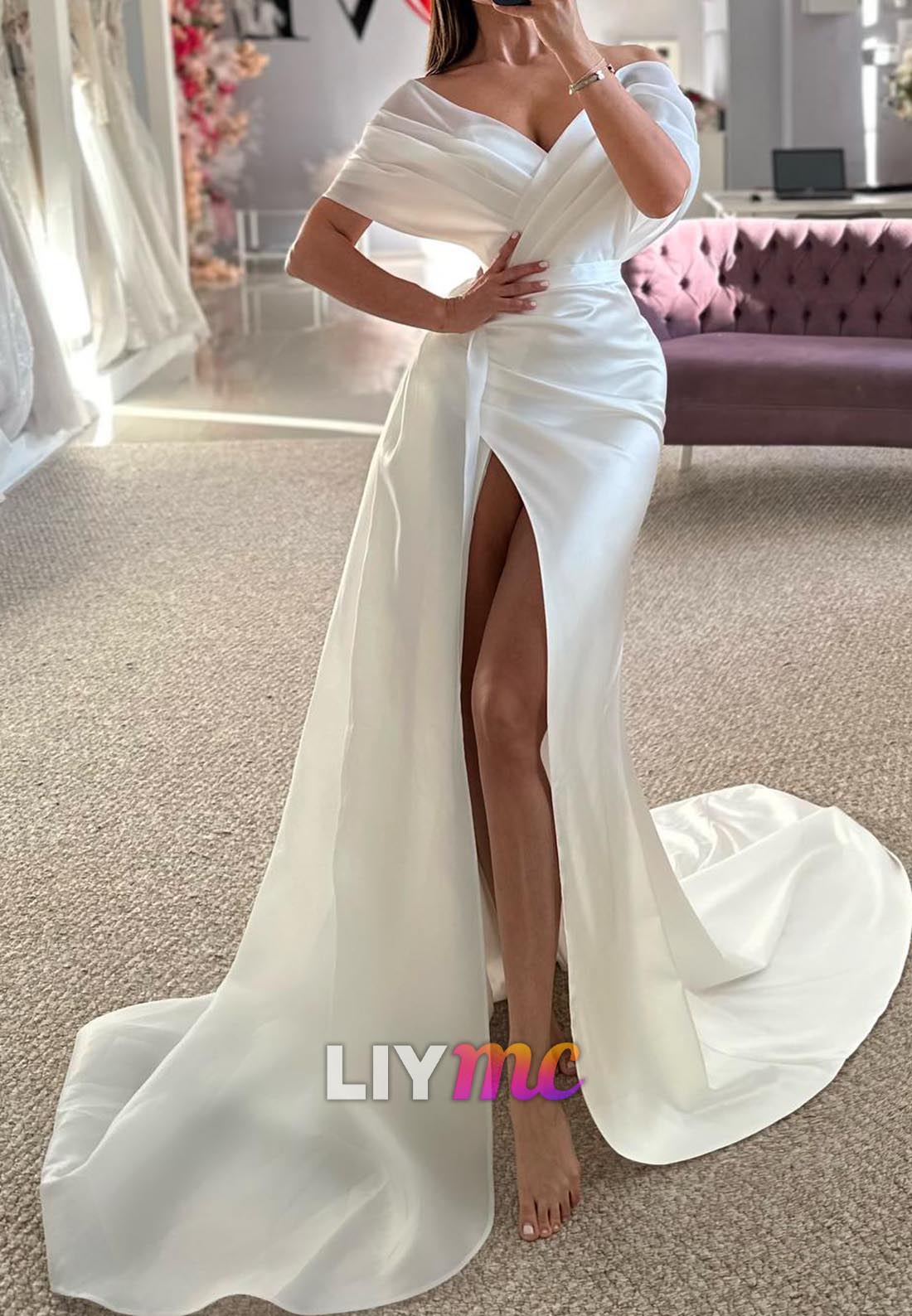 Off-Shoulder Pleated Side Slit Sheath Wedding Dress