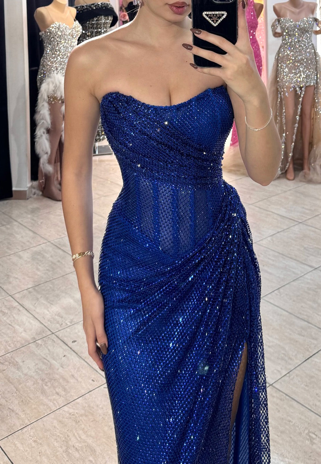 Off-Shoulder Pleated Side Slit Sparkly Sheath Prom Dress