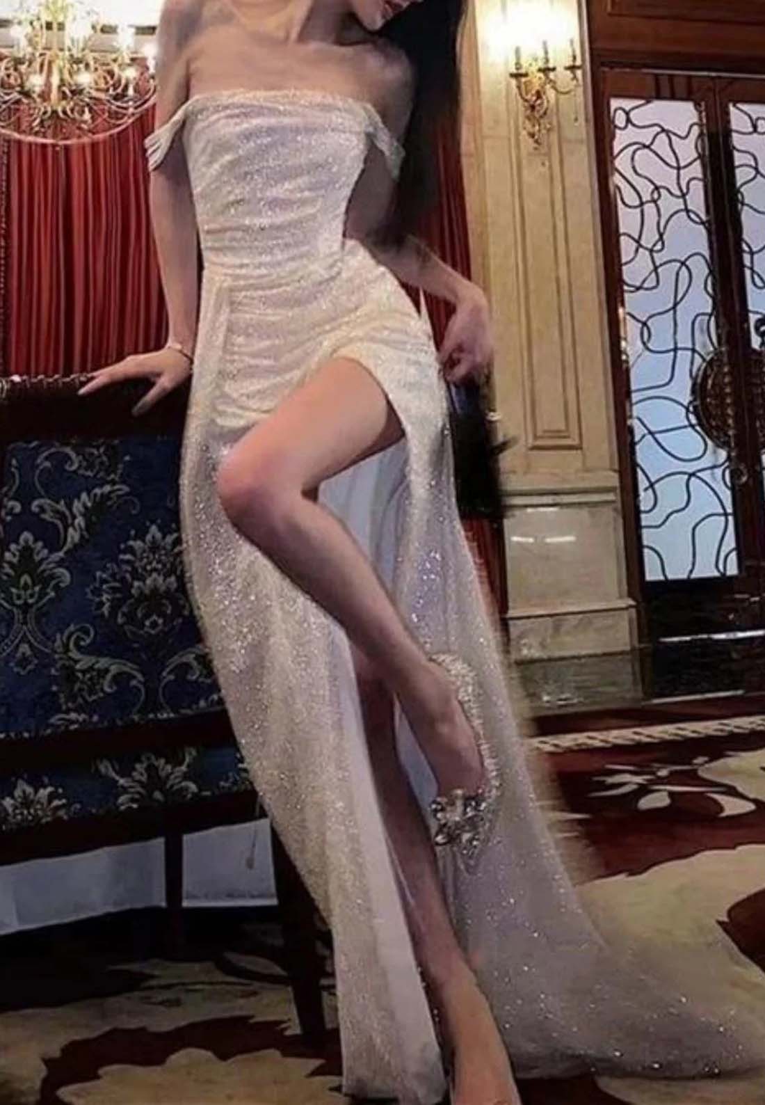 Off-Shoulder Pleated Side Slit Sparkly Sheath Prom Dress