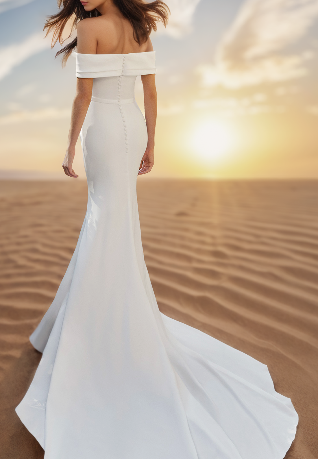 Off-Shoulder Pleated Sleek Mermaid Beach Wedding Dress